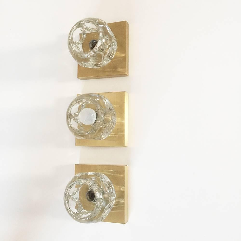 Mid-Century Modern Set of Three Brass Modernist Peill & Putzler, Ice Cubes Glass Sconce Wall