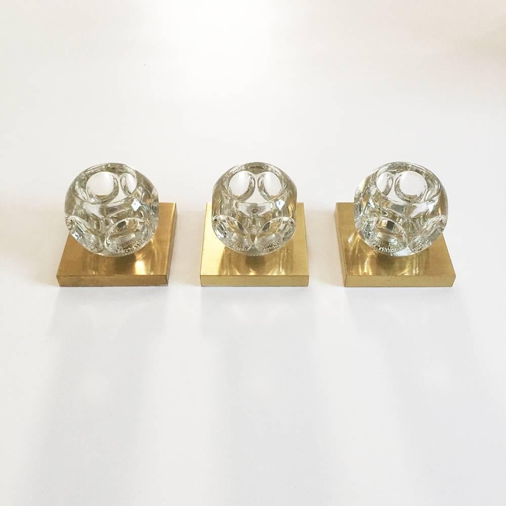 German Set of Three Brass Modernist Peill & Putzler, Ice Cubes Glass Sconce Wall