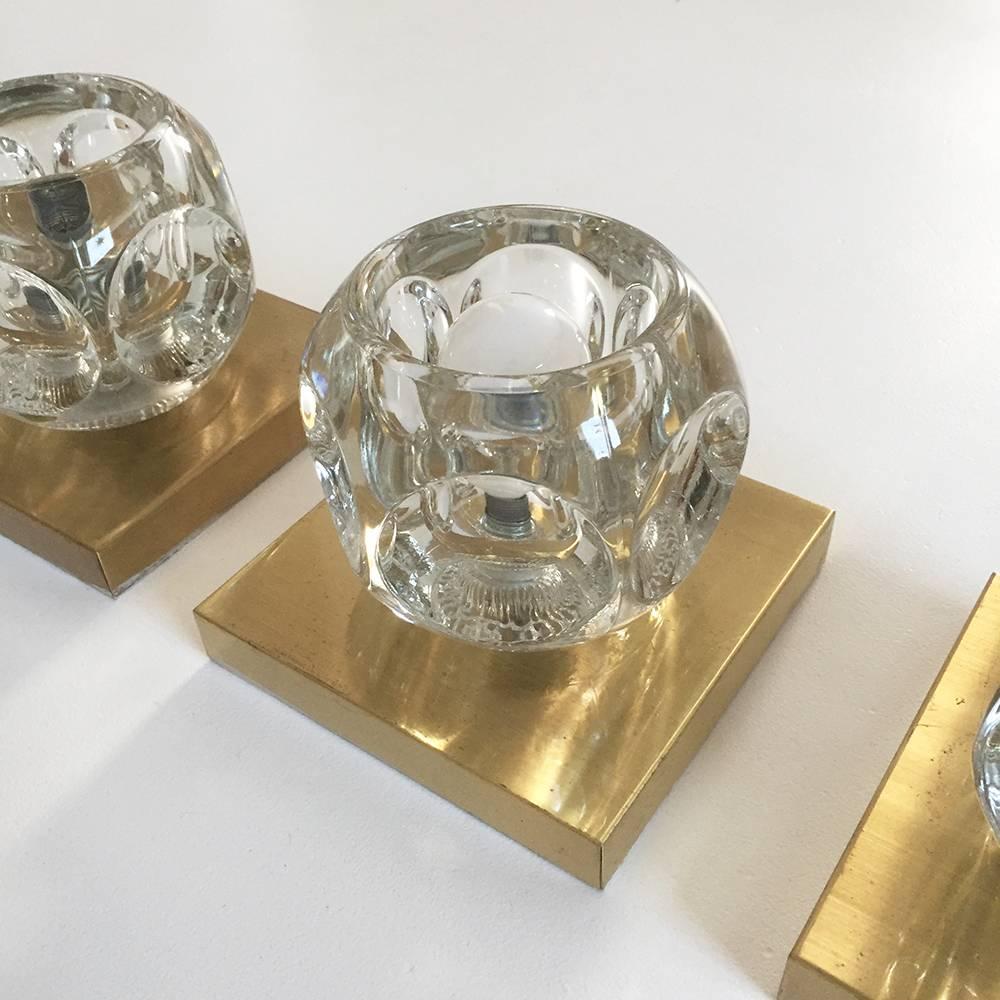 20th Century Set of Three Brass Modernist Peill & Putzler, Ice Cubes Glass Sconce Wall