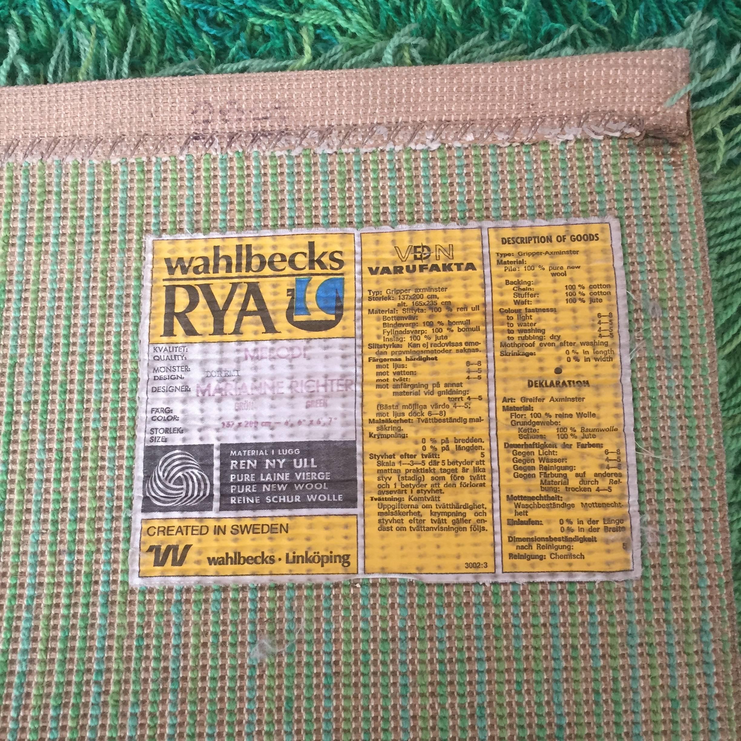 Wool Original 1960s Green Rya Rug by Marianne Richter for Wahlbecks Ab, Sweden