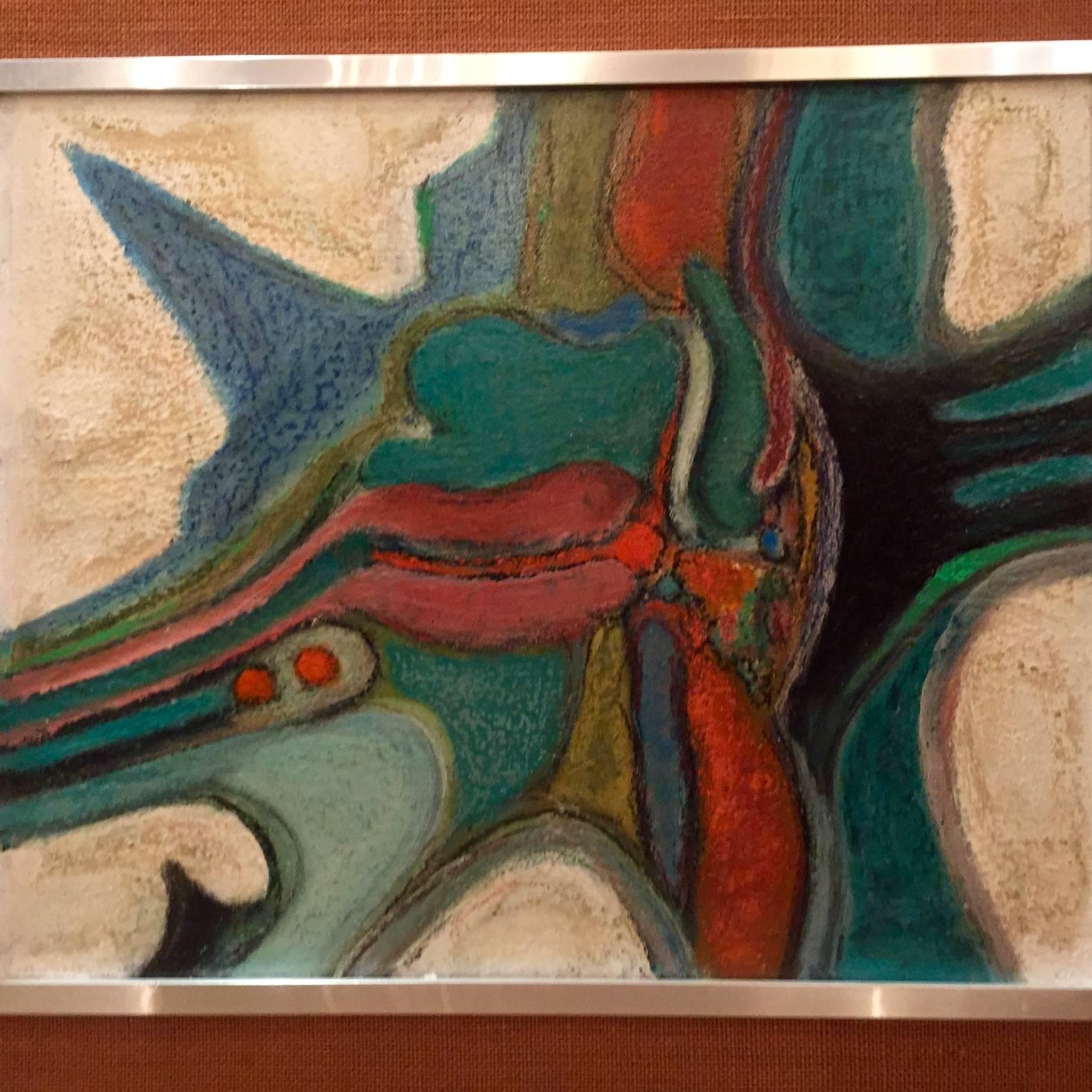 Mid-Century moderno Pittura a olio astratta francese degli anni '50 o '60 di Pierre Havret, cornice originale in vendita