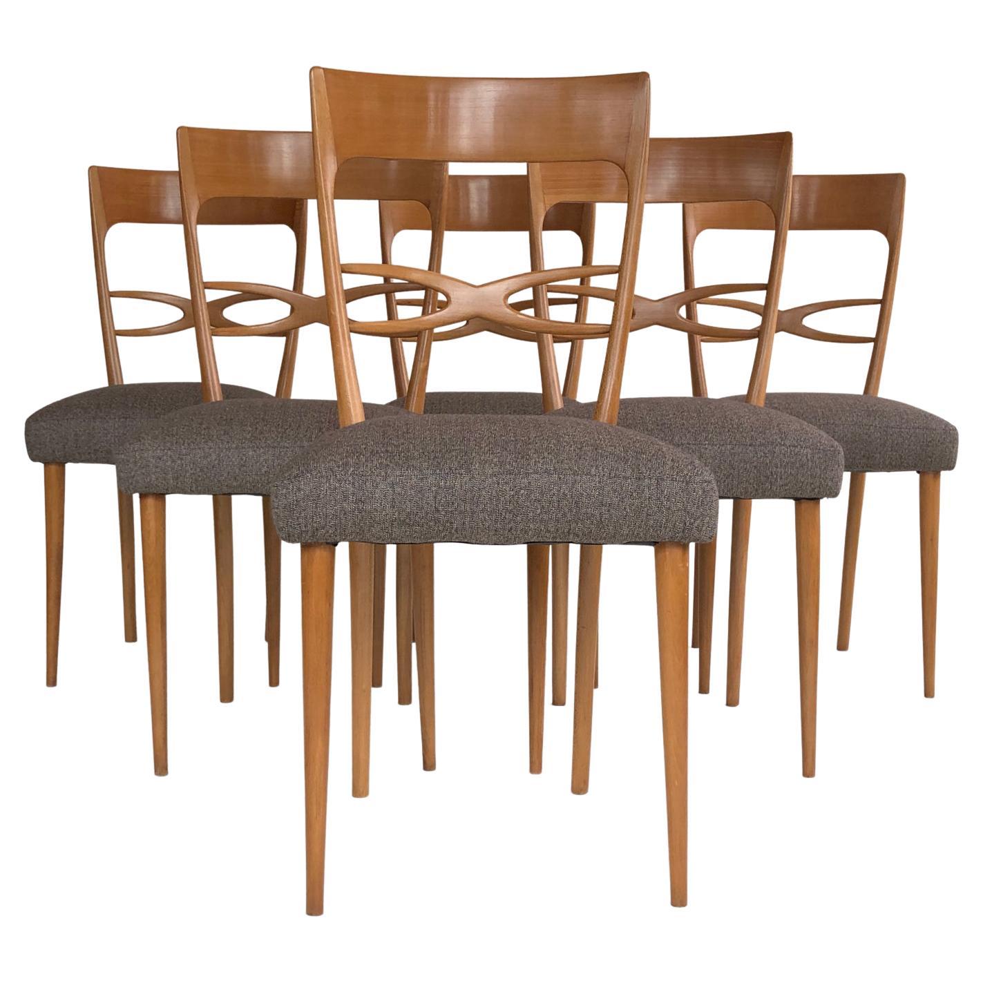 6 blond wood midcentury Italian dining chairs, 1950s, attrib. to Melchiorre Bega