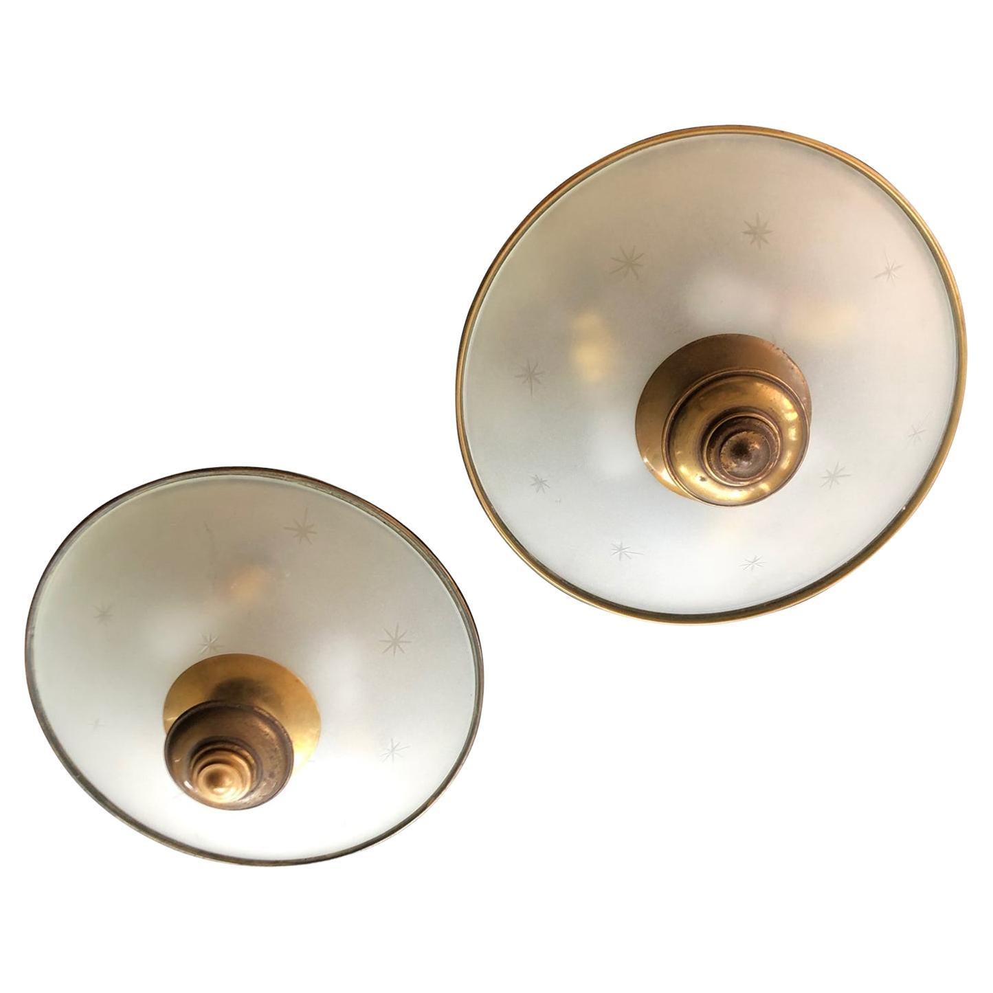 Pair of Midcentury Italian Brass and Glass Ceiling or Wall Lights or Sconces 