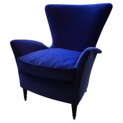 Single Sculptural Italian Mid-Century Lounge Chair, Blue Velour, 1950’s