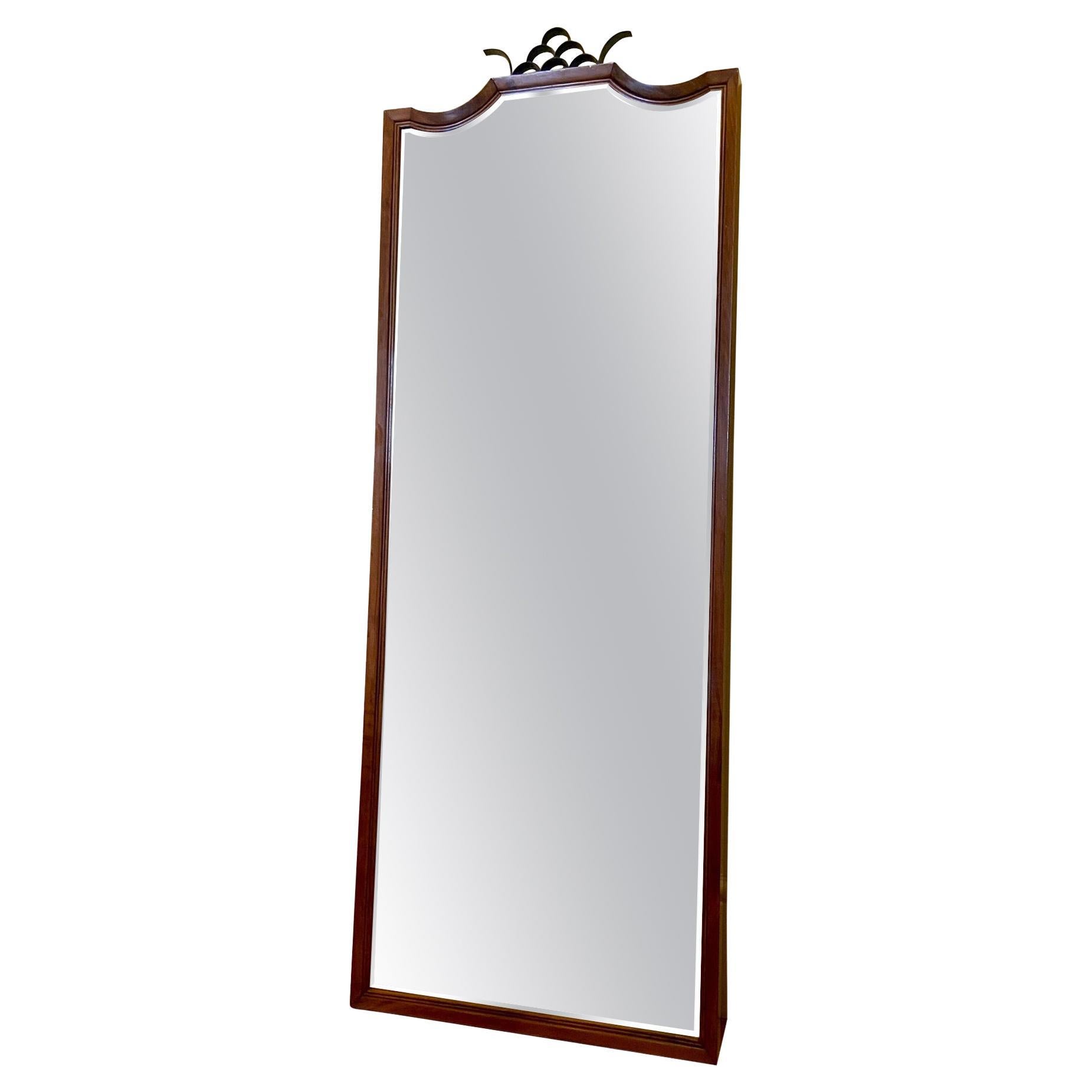 Paolo Buffa Art Deco figured walnut full length Mirror with metal crown 1940s For Sale