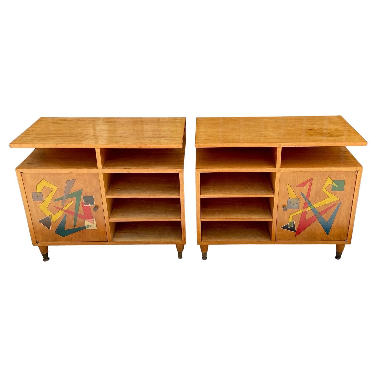 Mid-Century Modern 1950's Italian Pair of Blond Wood Side Cabinets with Abstract Painted Doors