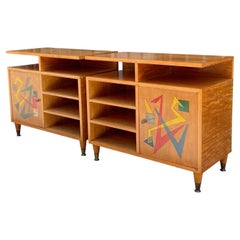 1950's Italian Pair of Blond Wood Side Cabinets with Abstract Painted Doors