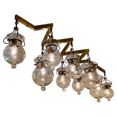 Large 1970's Flush Mounted Brass and Murano Glass Chandelier with 9 Lanterns