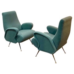 2 x Sculptural 1950's Italian Blue Armchairs or Lounge Chairs, a Near Pair