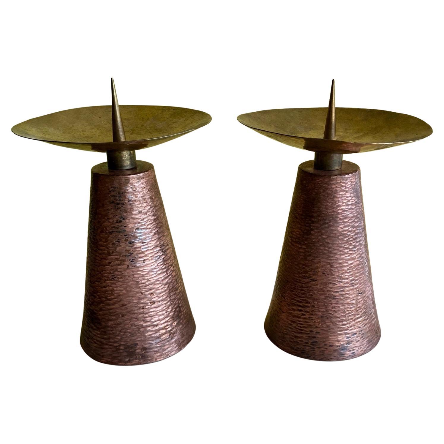 Large Pair of Arts and Crafts hammered Copper and Brass Candlesticks For Sale