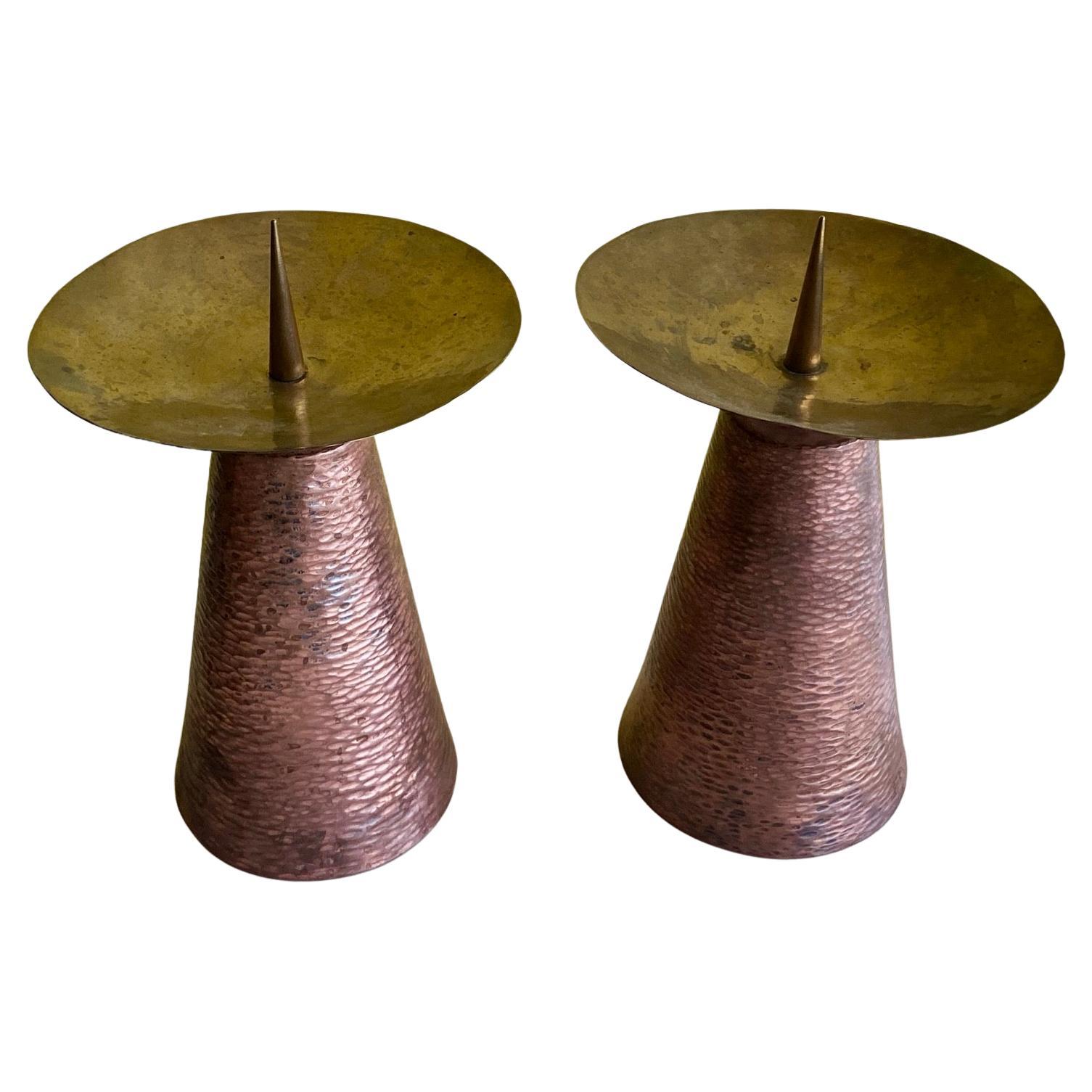 Mid-Century Modern Large Pair of Arts and Crafts hammered Copper and Brass Candlesticks For Sale