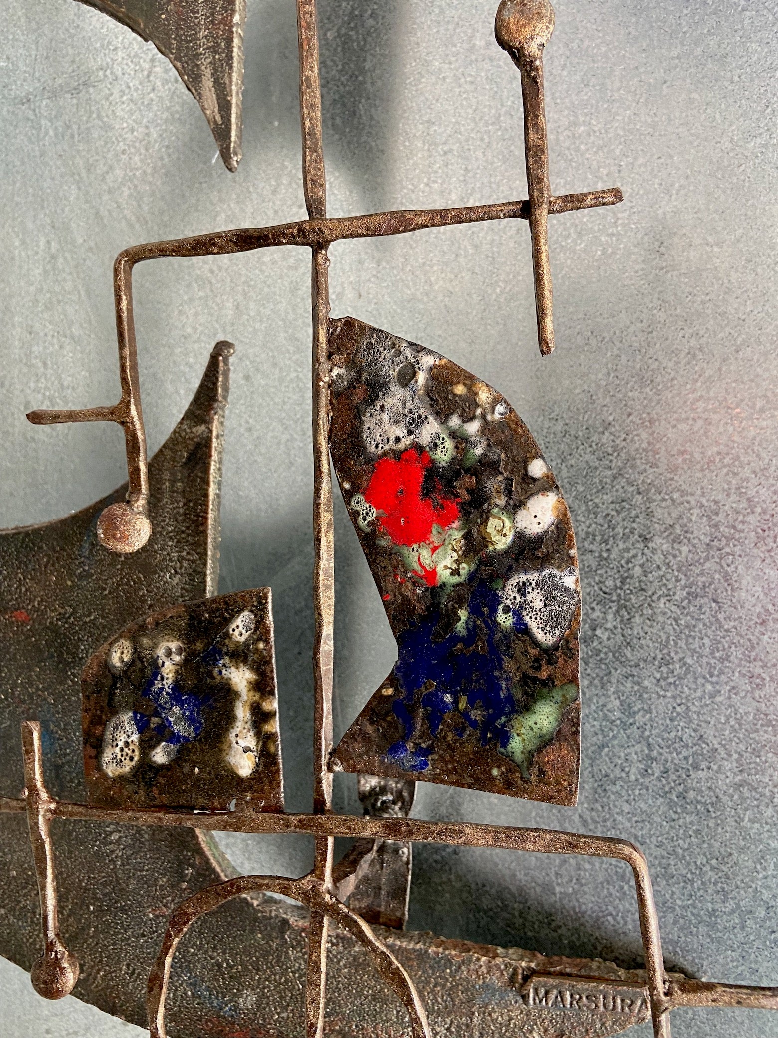 Enameled Wrought Iron and Enamel Brutalist Wall Sculpture by Salvino Marsura circa 1970's For Sale