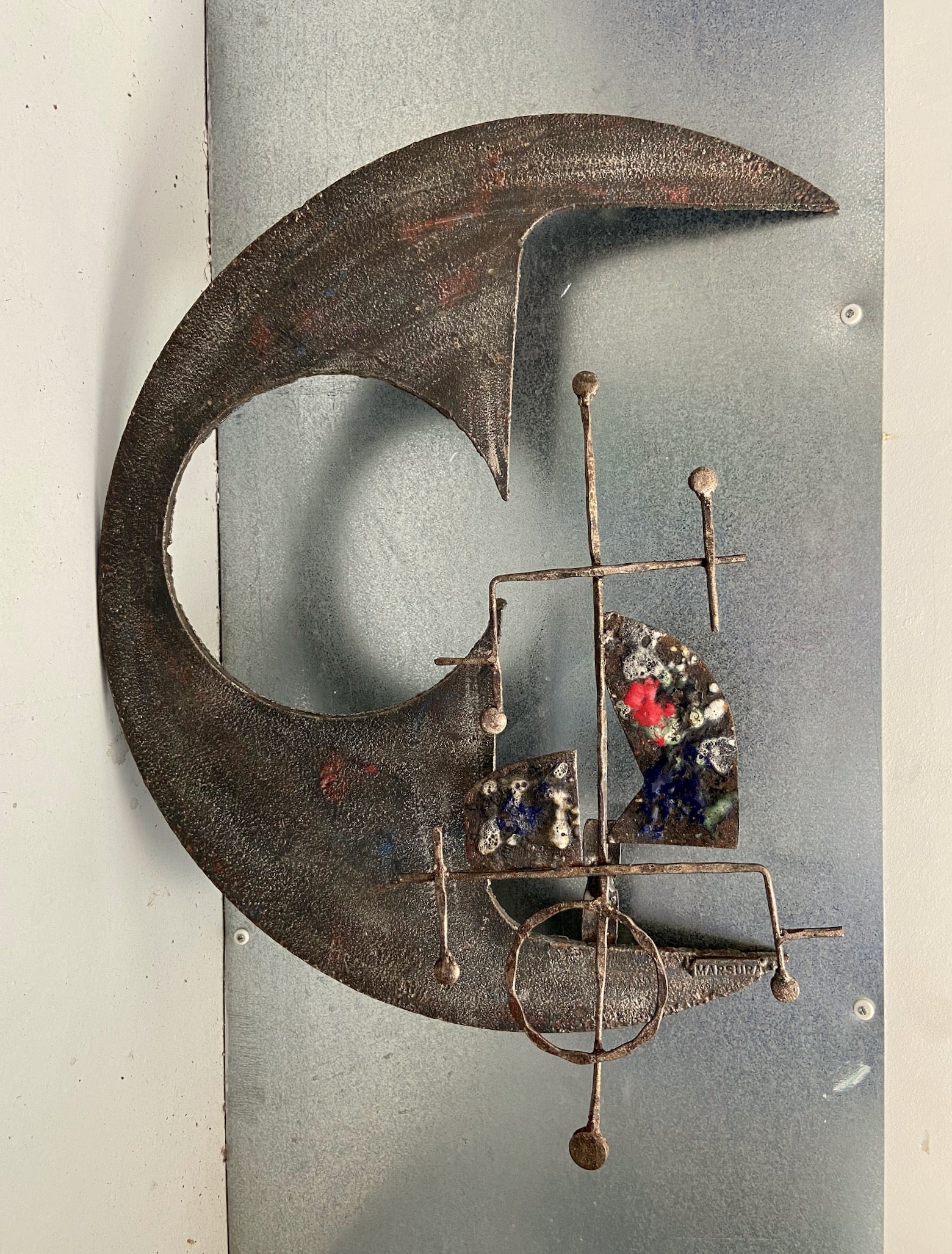 Italian Wrought Iron and Enamel Brutalist Wall Sculpture by Salvino Marsura circa 1970's For Sale