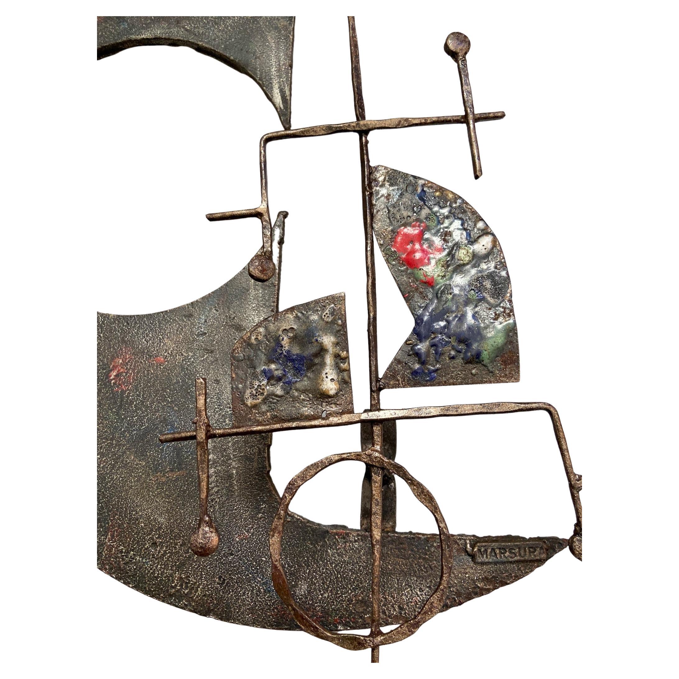 Wrought Iron and Enamel Brutalist Wall Sculpture by Salvino Marsura circa 1970's In Good Condition For Sale In London, GB