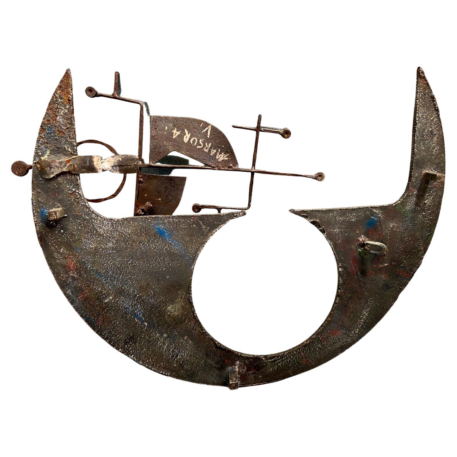 Mid-Century Modern Wrought Iron and Enamel Brutalist Wall Sculpture by Salvino Marsura circa 1970's For Sale