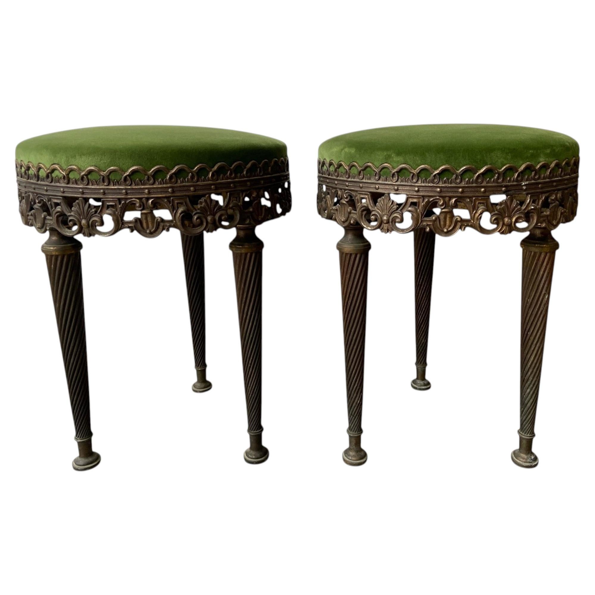 A Pair of Midcentury Italian Brass and Green Velvet Stools on twisted brass legs