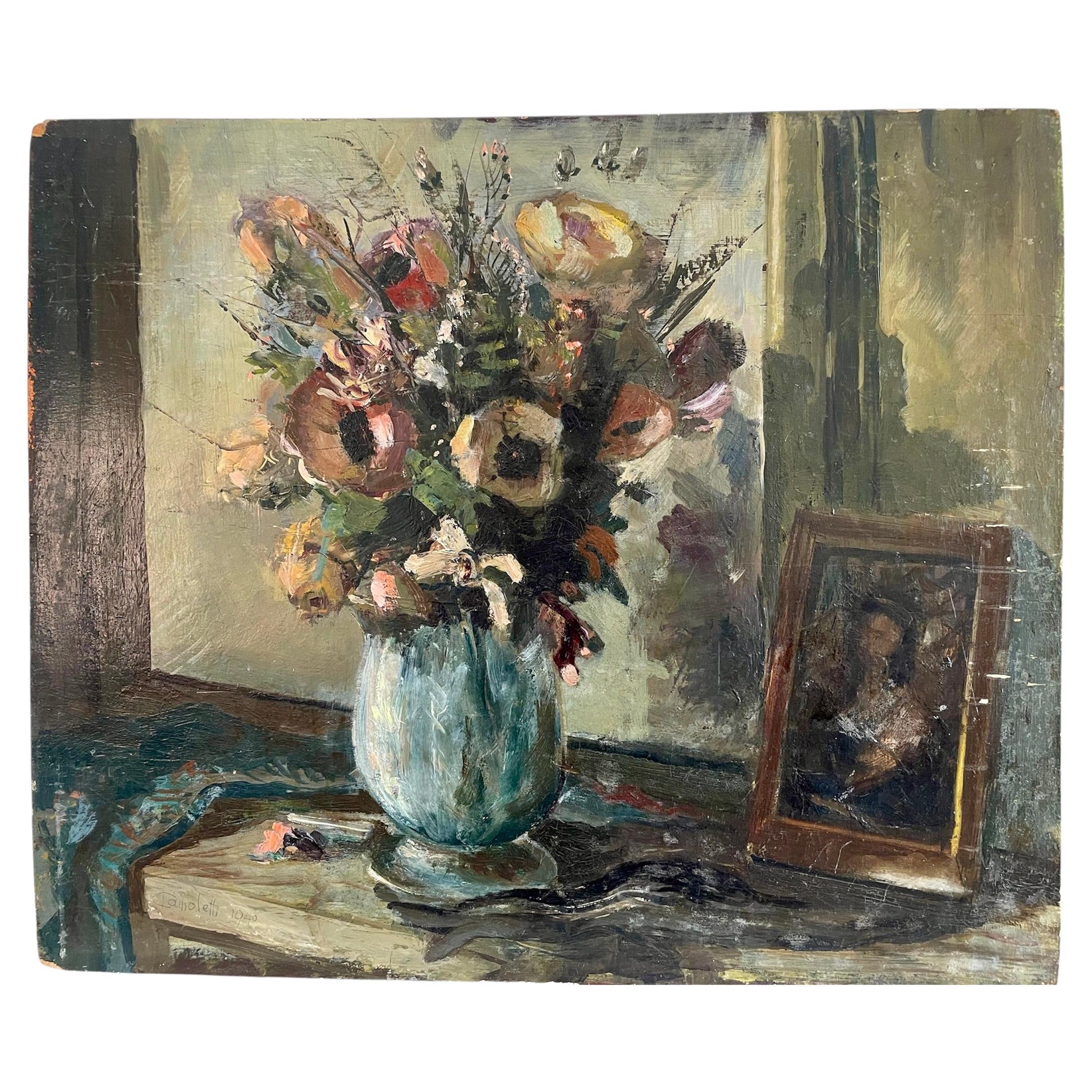 1940's oil on board, flowers in a vase, signed Camoletti 1940