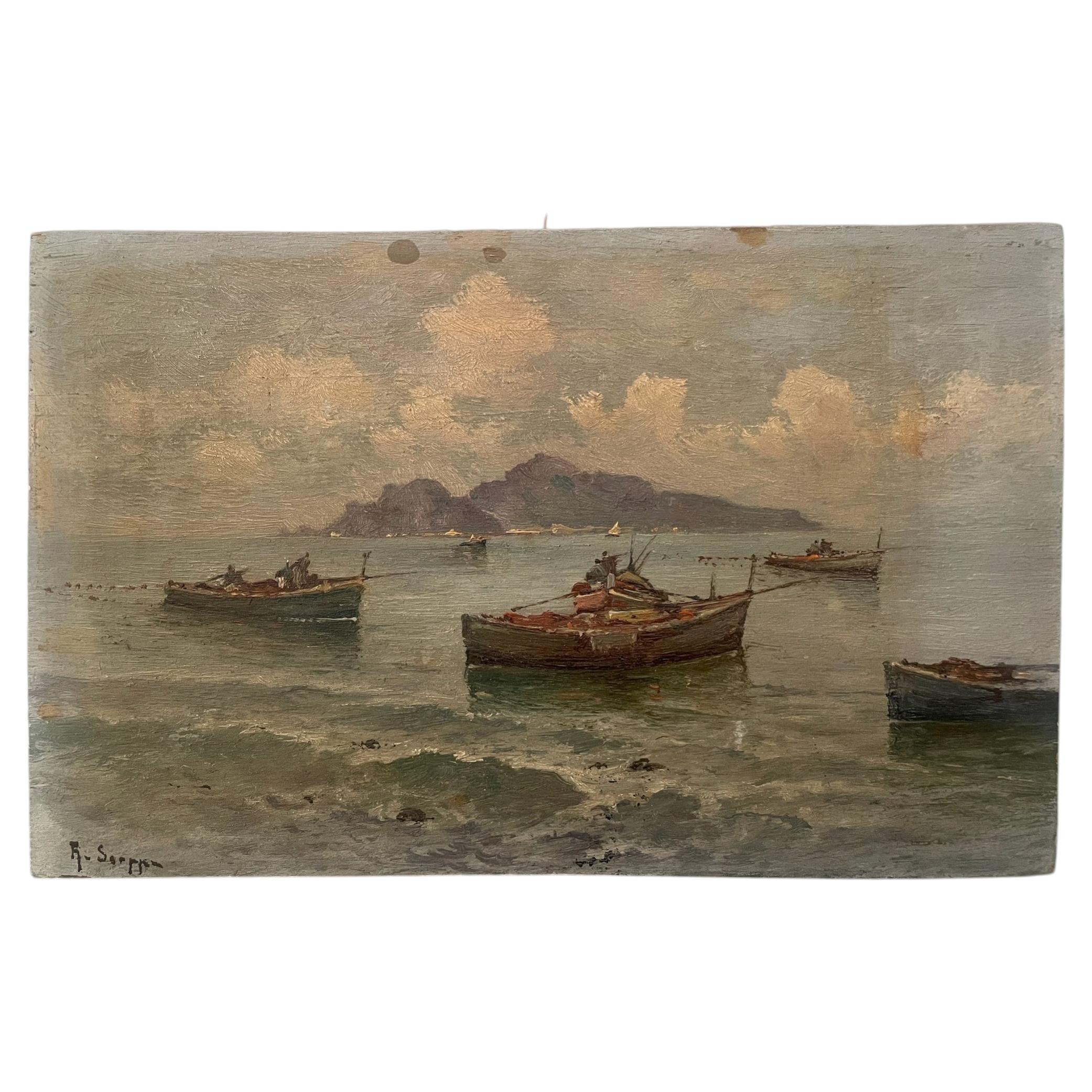 Small Italian oil on panel depicting the bay of Naples, signed R. Scoppa