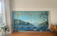 Large - Scale Mid-Century Italian Lake Scene Diptych /Oil Painting on 2 panels