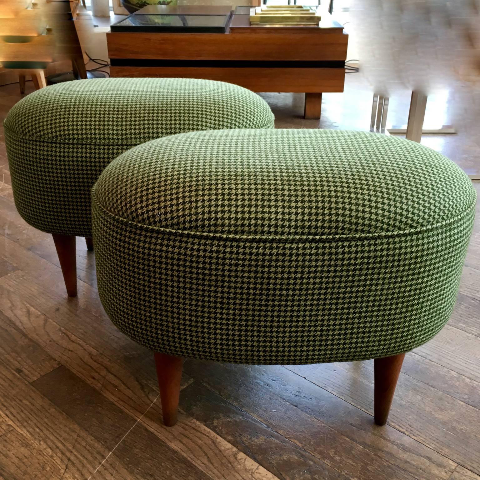 Mid-Century Modern 1950s Italian Footstools in a Woollen Green Houndstooth Upholstery, Pair