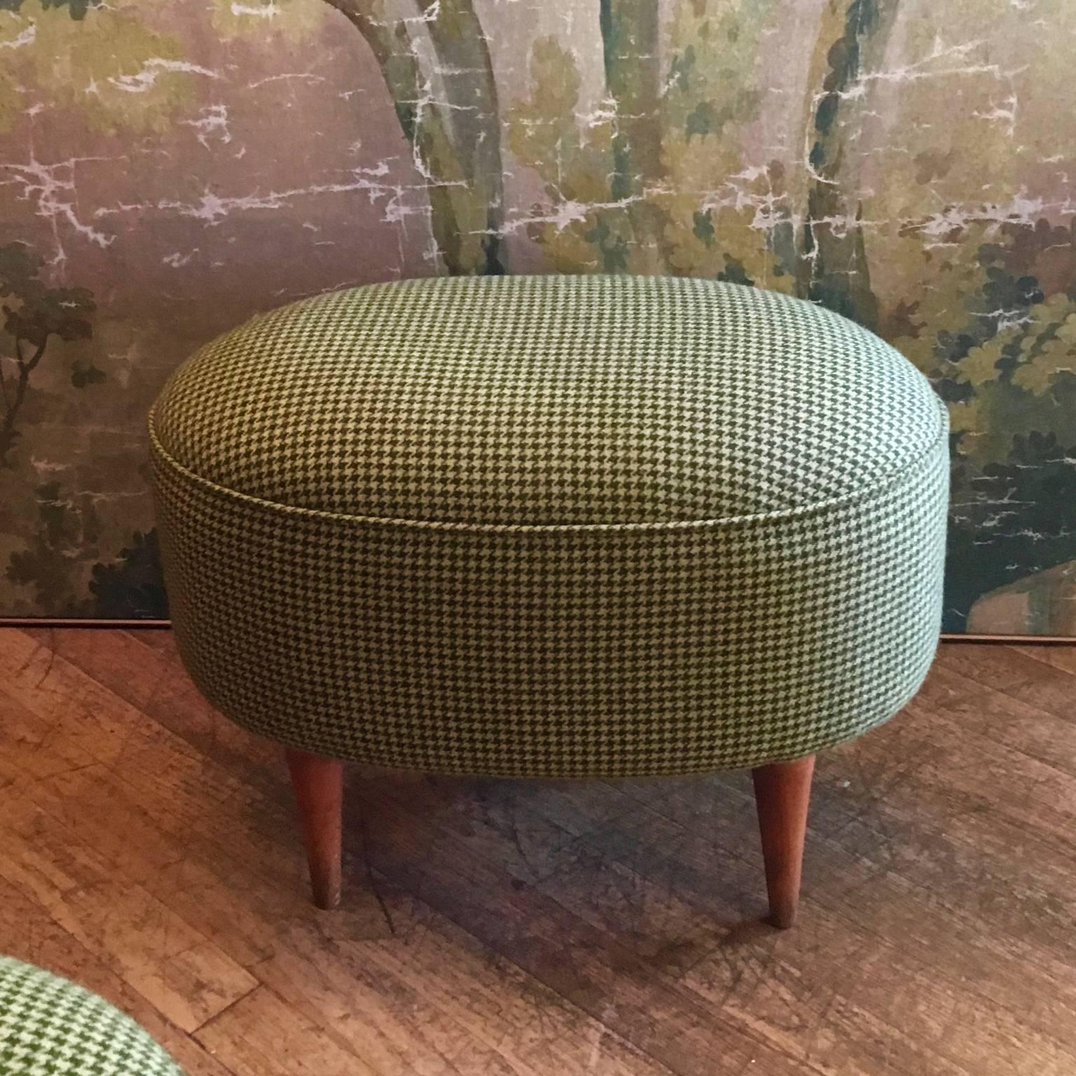 1950s Italian Footstools in a Woollen Green Houndstooth Upholstery, Pair In Fair Condition In London, GB