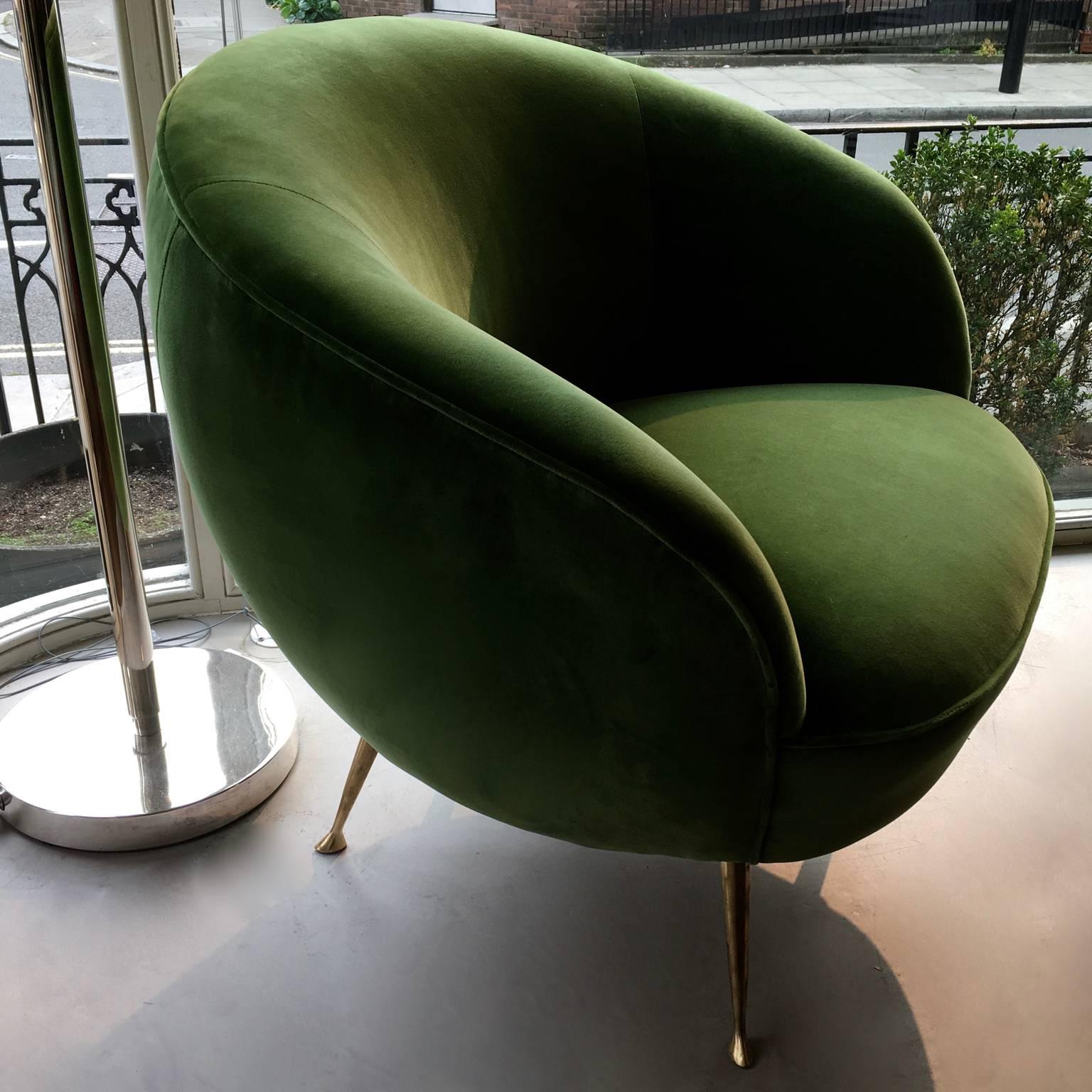 Mid-Century Modern 1950s Italian Armchairs, Pair, Reupholstered in Green Velours
