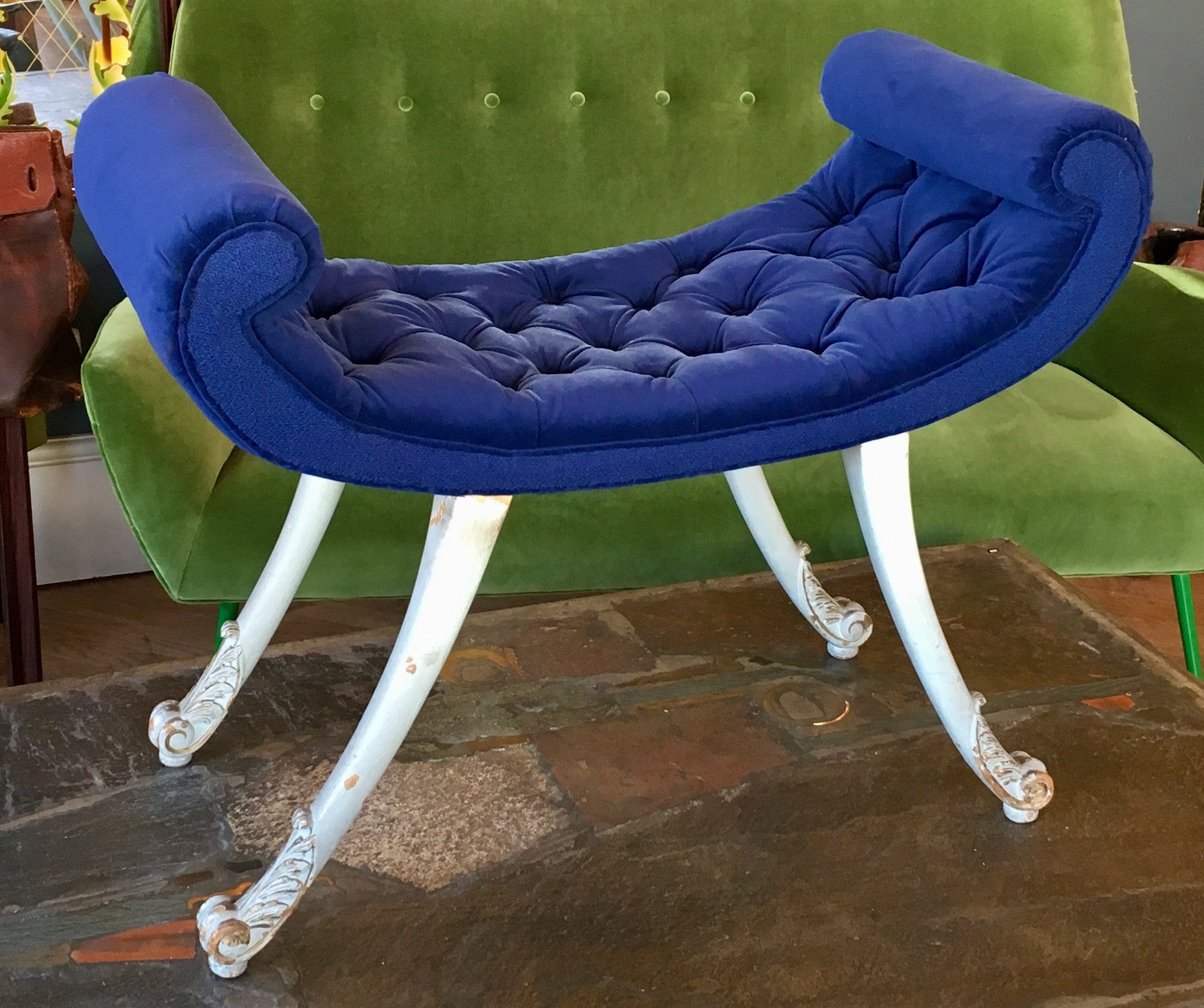 British Art Deco painted dressing stool / ottoman, navy blue velvet Seat, English 1930's For Sale
