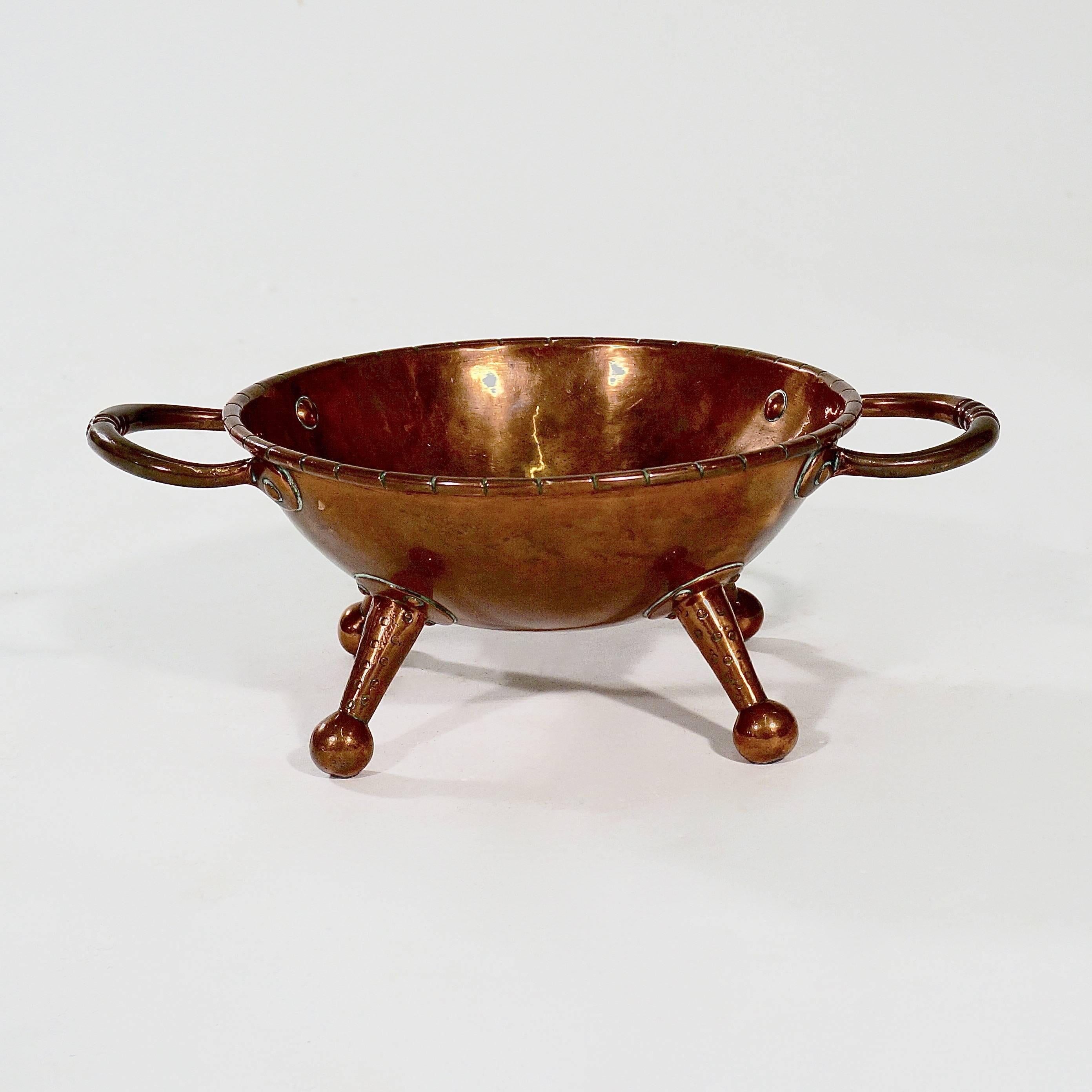 English Rivetted Copper Arts and Crafts Twin-Handled Bowl For Sale