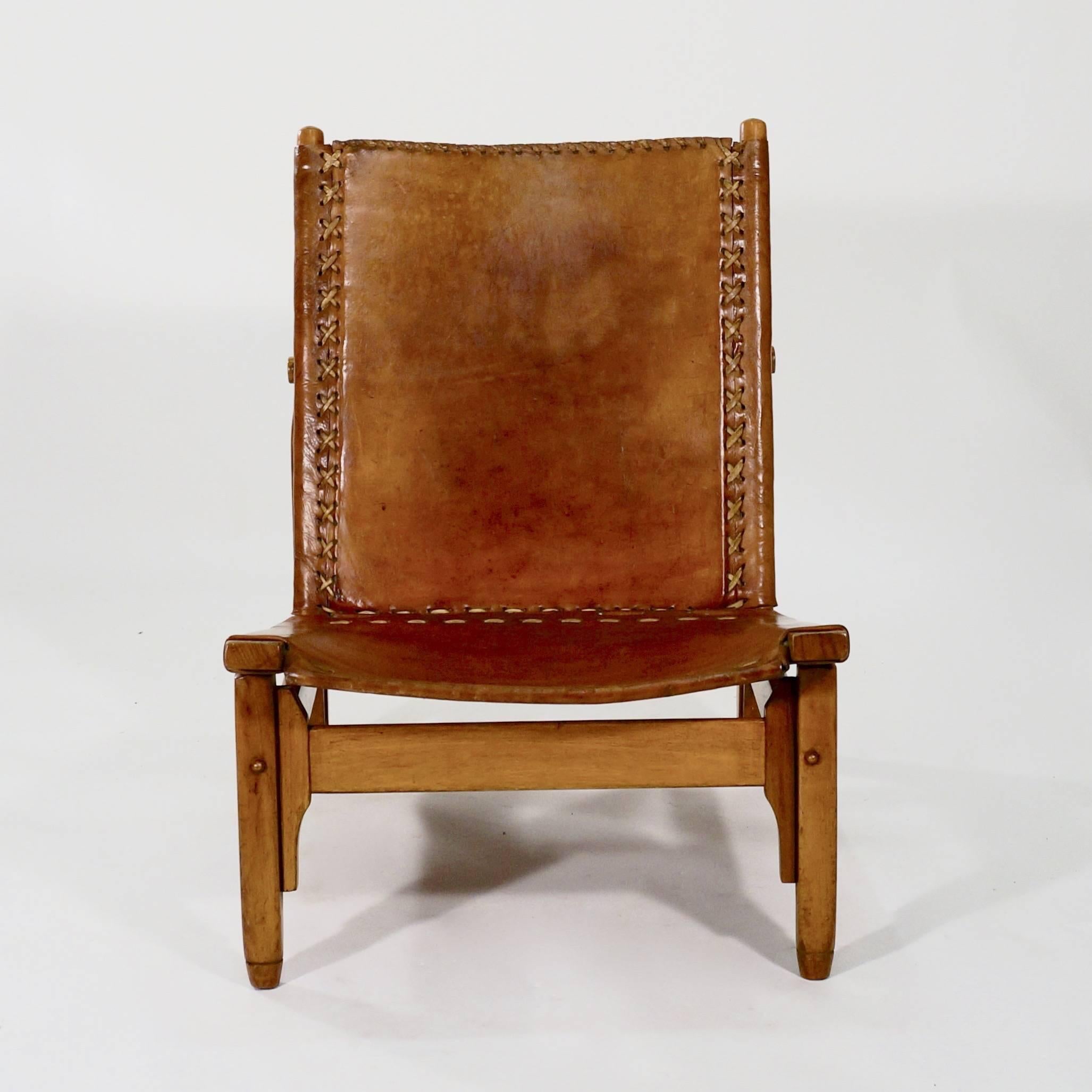 Scandinavian Modern Pair of Saddle-Stitched Leather and Walnut Low Chairs