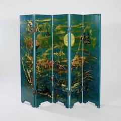 Small Five-Fold Painted Wooden Screen by Micheline de Rougemont