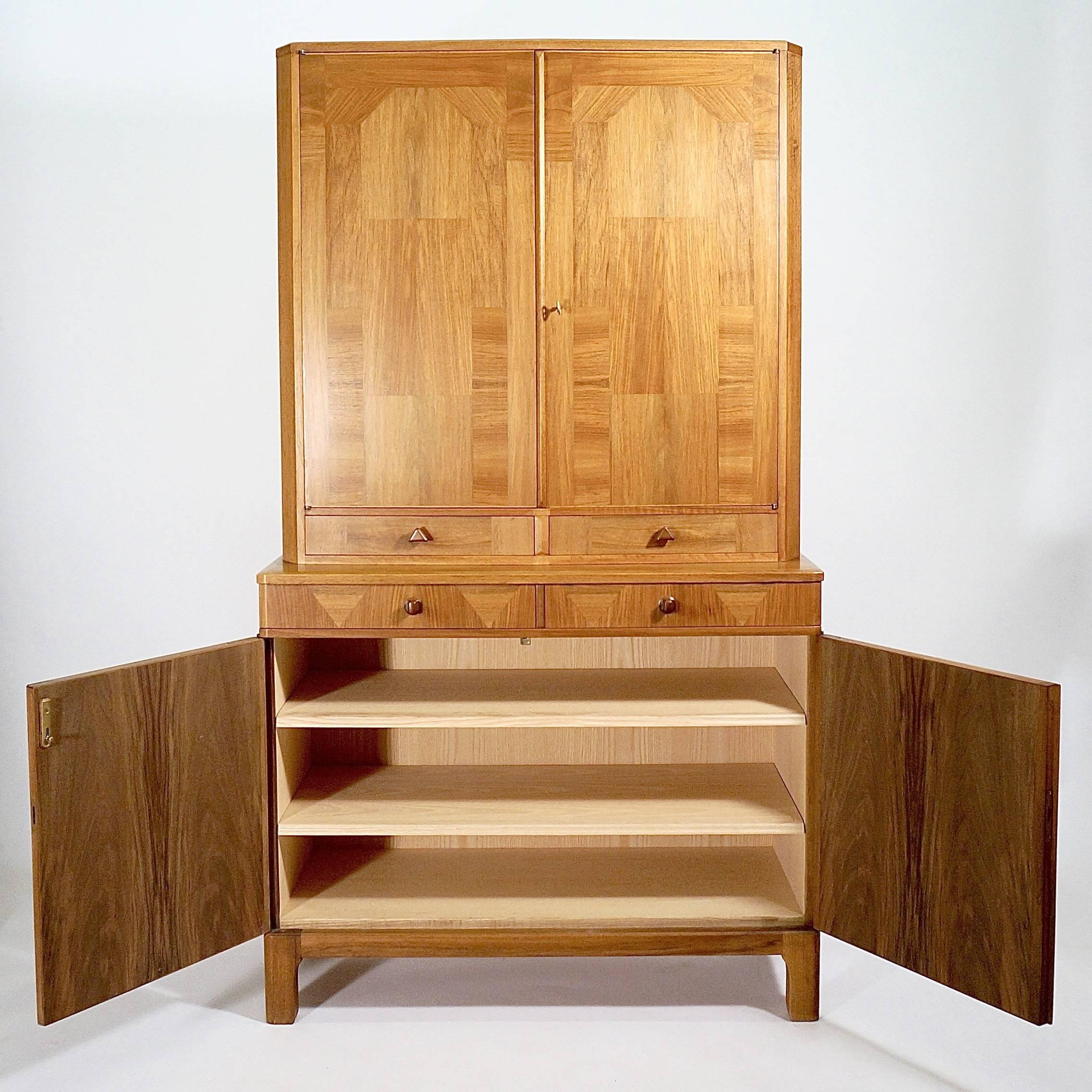 Scandinavian Modern Walnut Parquetry Veneered Cabinet in Two Parts by Carl Malmsten