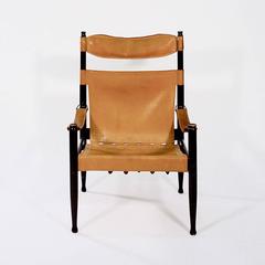 High Back 'Safari Chair' with Slung Tan Leather Seat by Erik Worts
