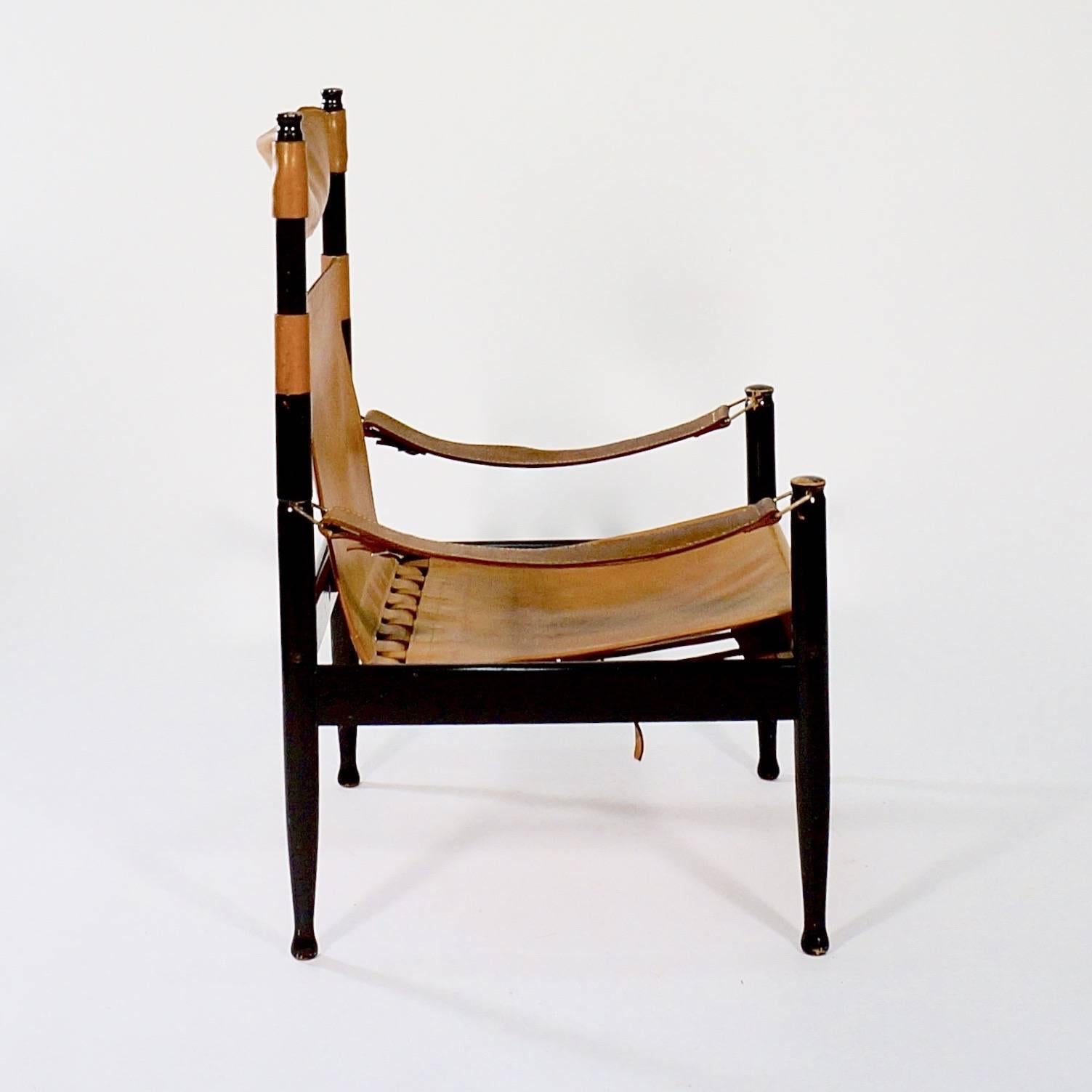Scandinavian Modern High Back 'Safari Chair' with Slung Tan Leather Seat by Erik Worts For Sale
