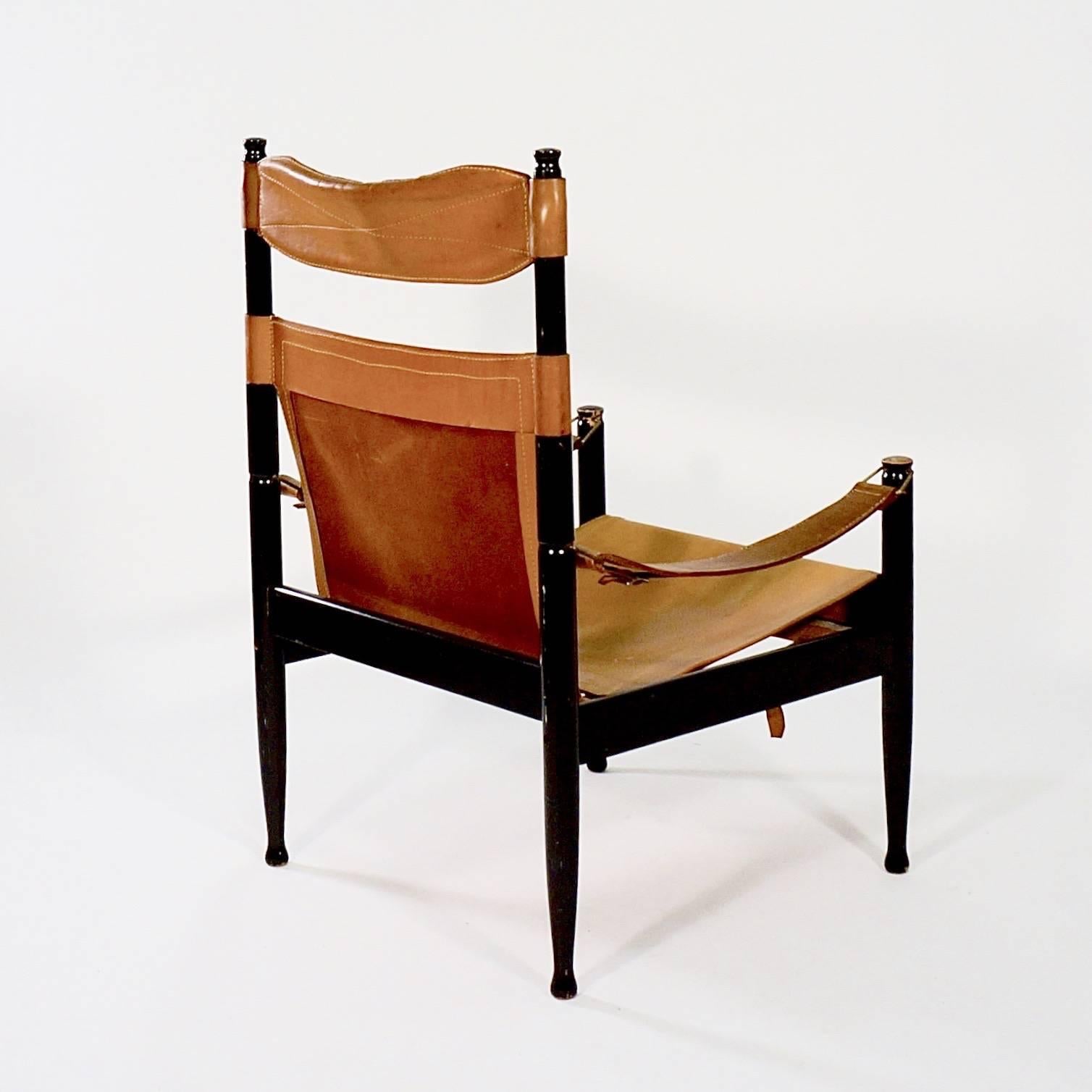 Danish High Back 'Safari Chair' with Slung Tan Leather Seat by Erik Worts For Sale