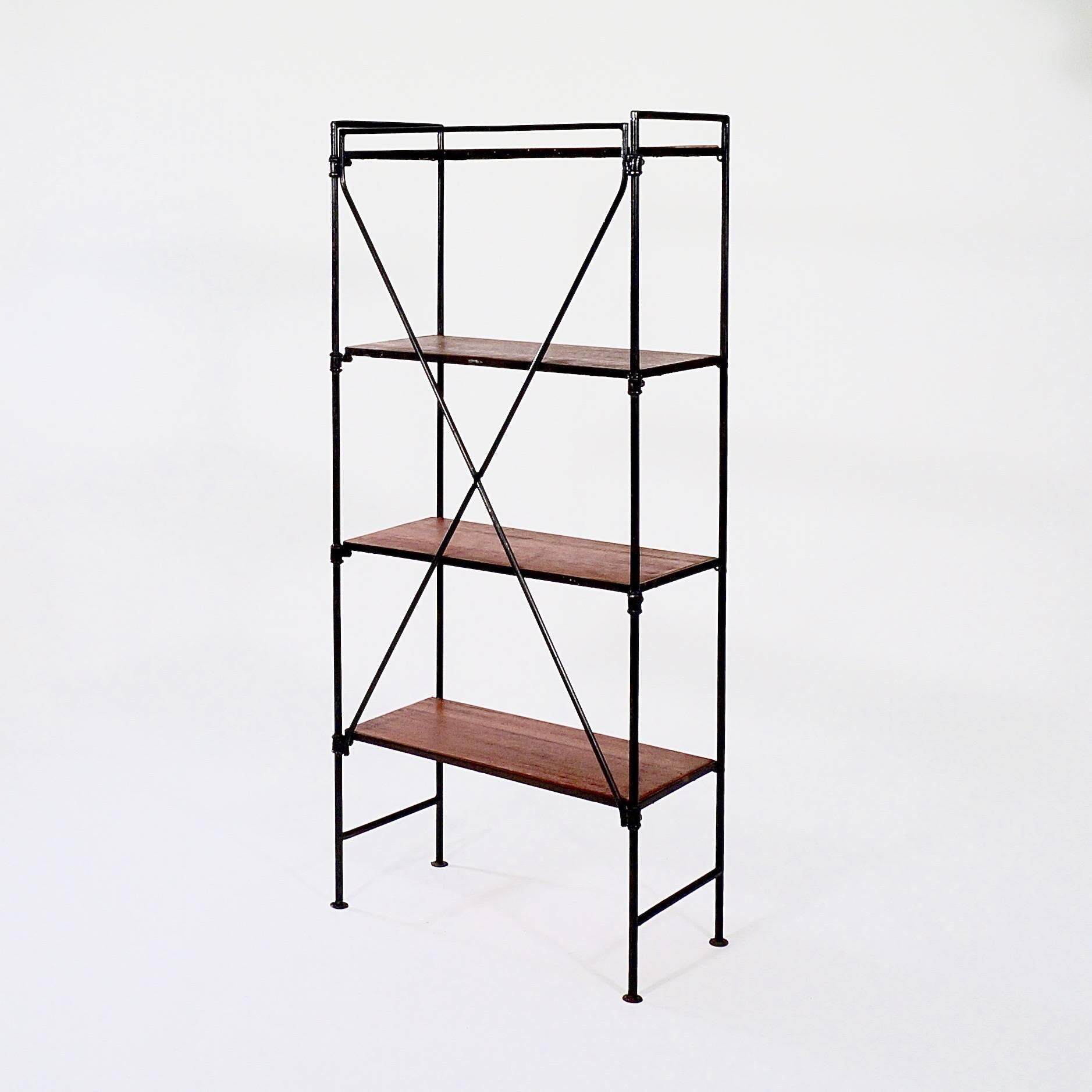 Modern Set of Small Ebonized Wrought Iron and Teak Folding Shelves
