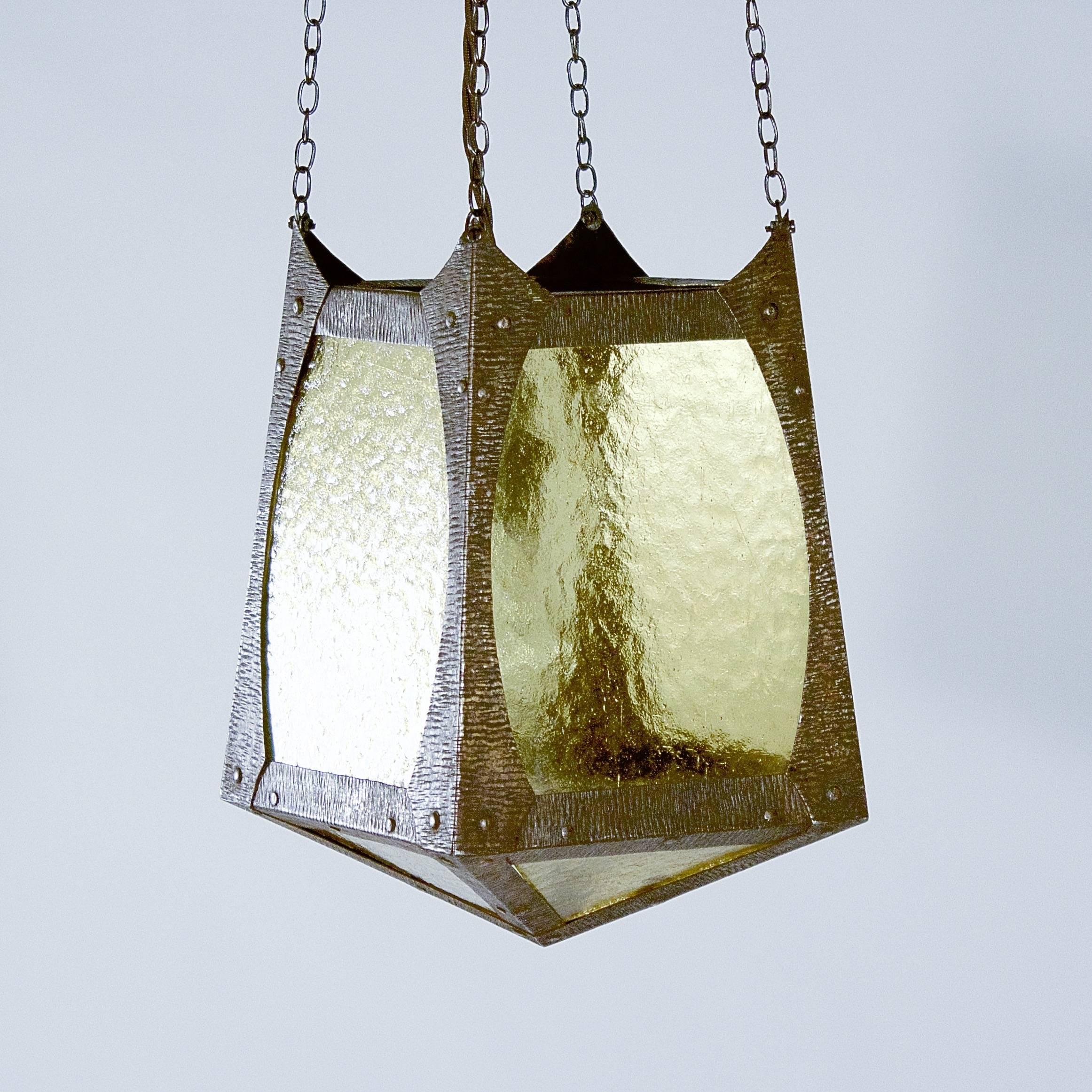 Belgian Small Arts & Crafts Metal and Glazed Lantern