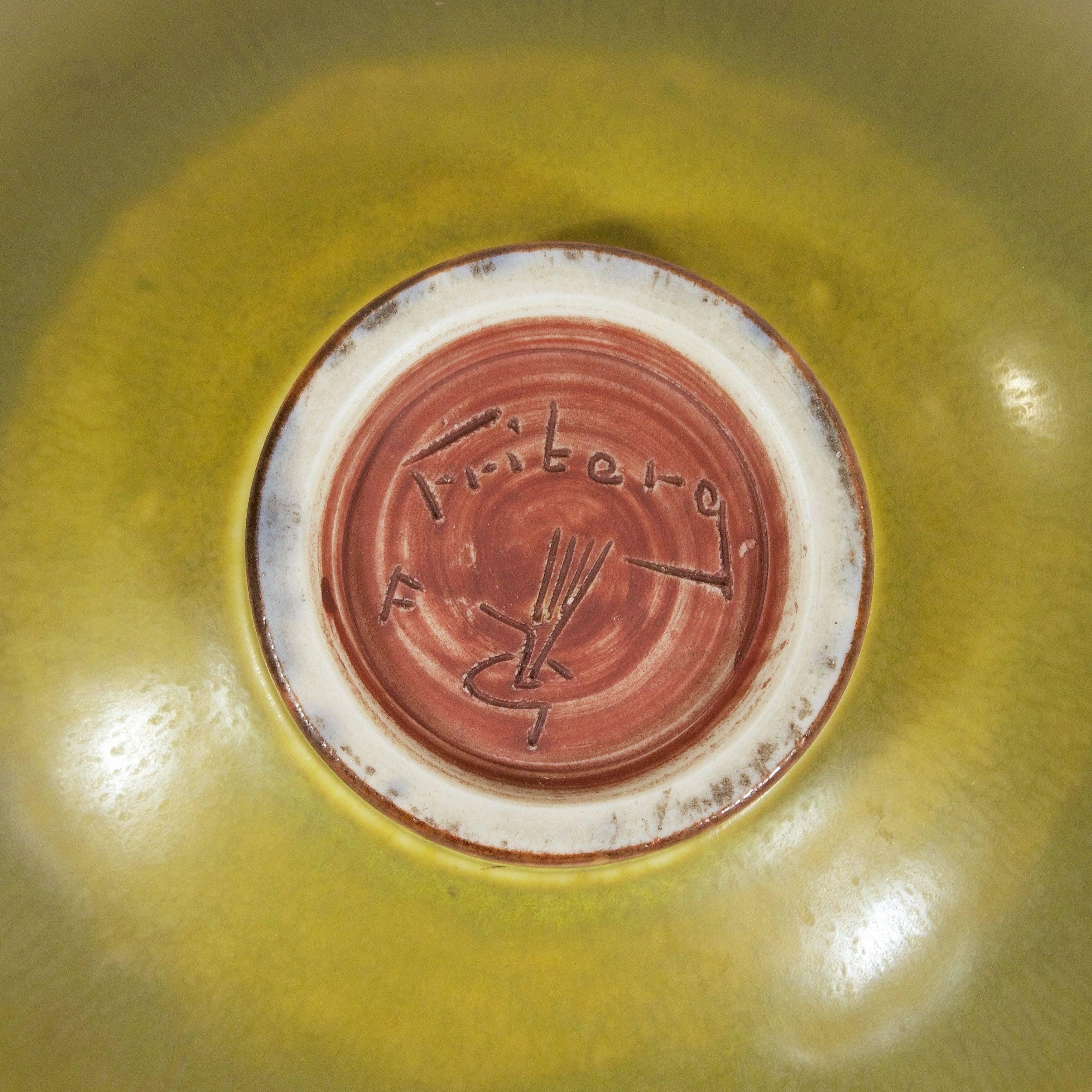 Glazed Circular Stoneware Bowl with Rich Green Glaze by Berndt Friberg For Sale