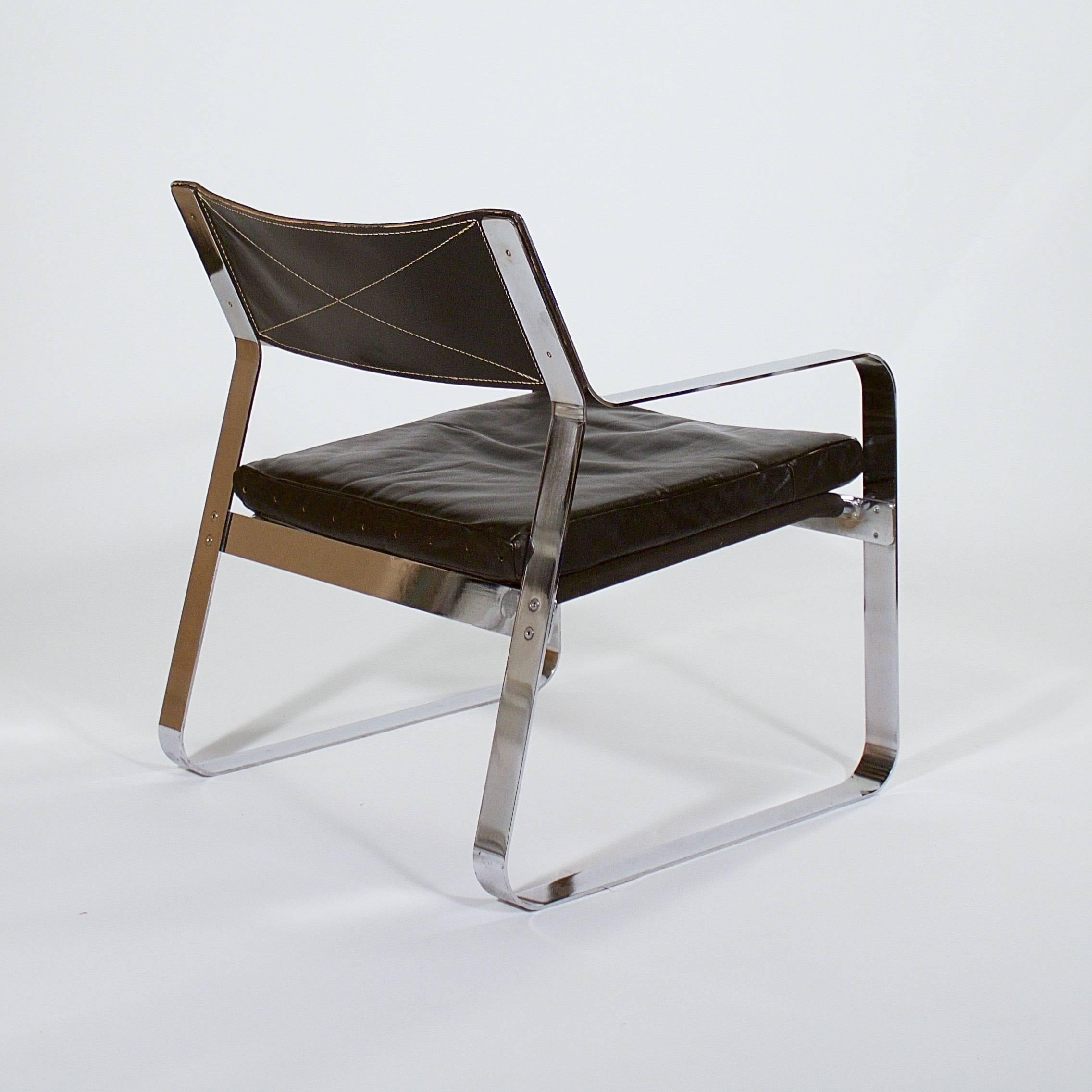 Scandinavian Modern Polished Steel and Black Leather Armchair For Sale