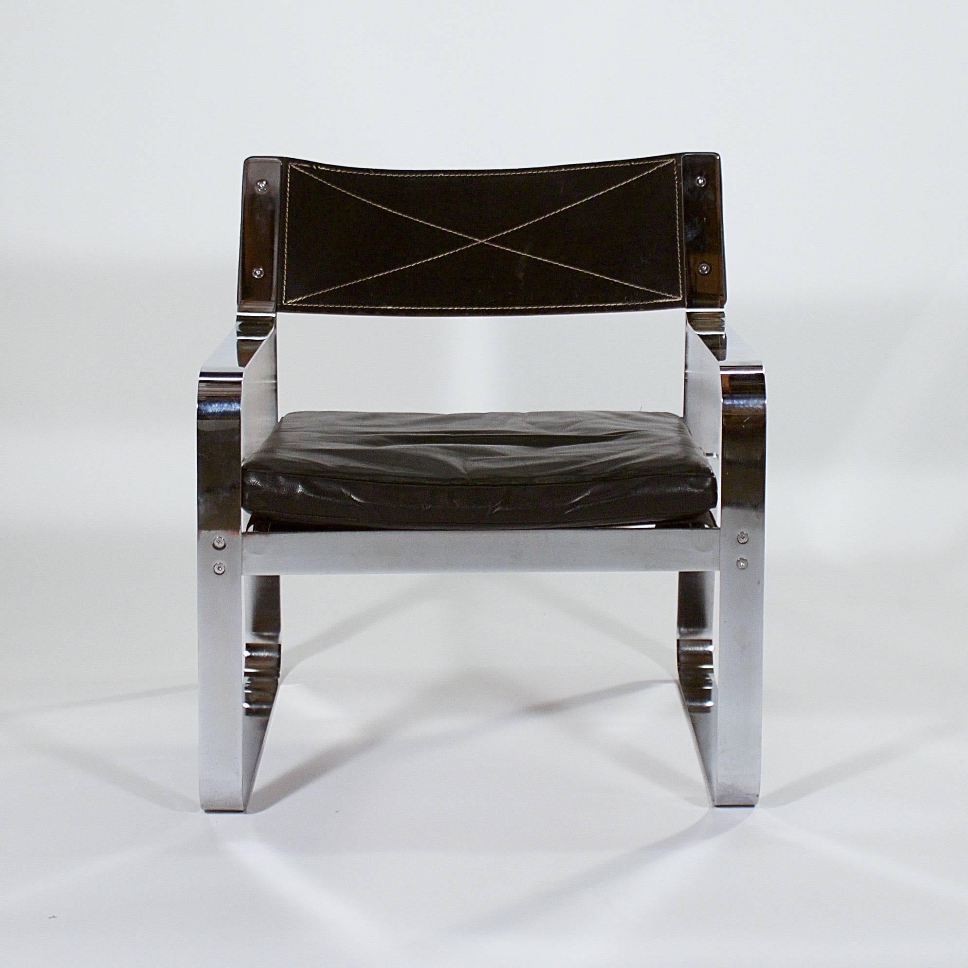Danish Polished Steel and Black Leather Armchair For Sale