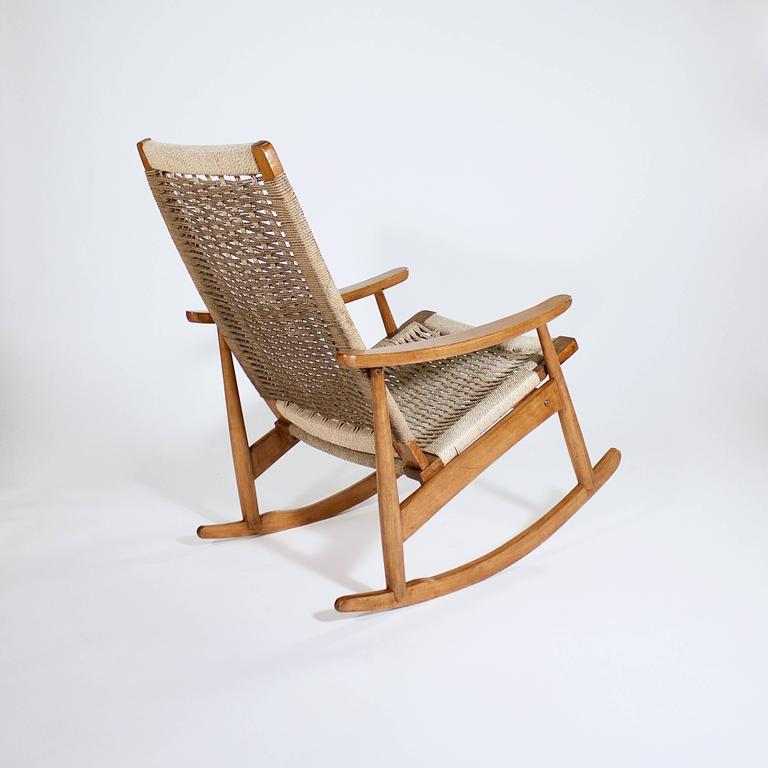 Teak Rocking Chair with Cord Strung Seat and Back For Sale at 1stDibs