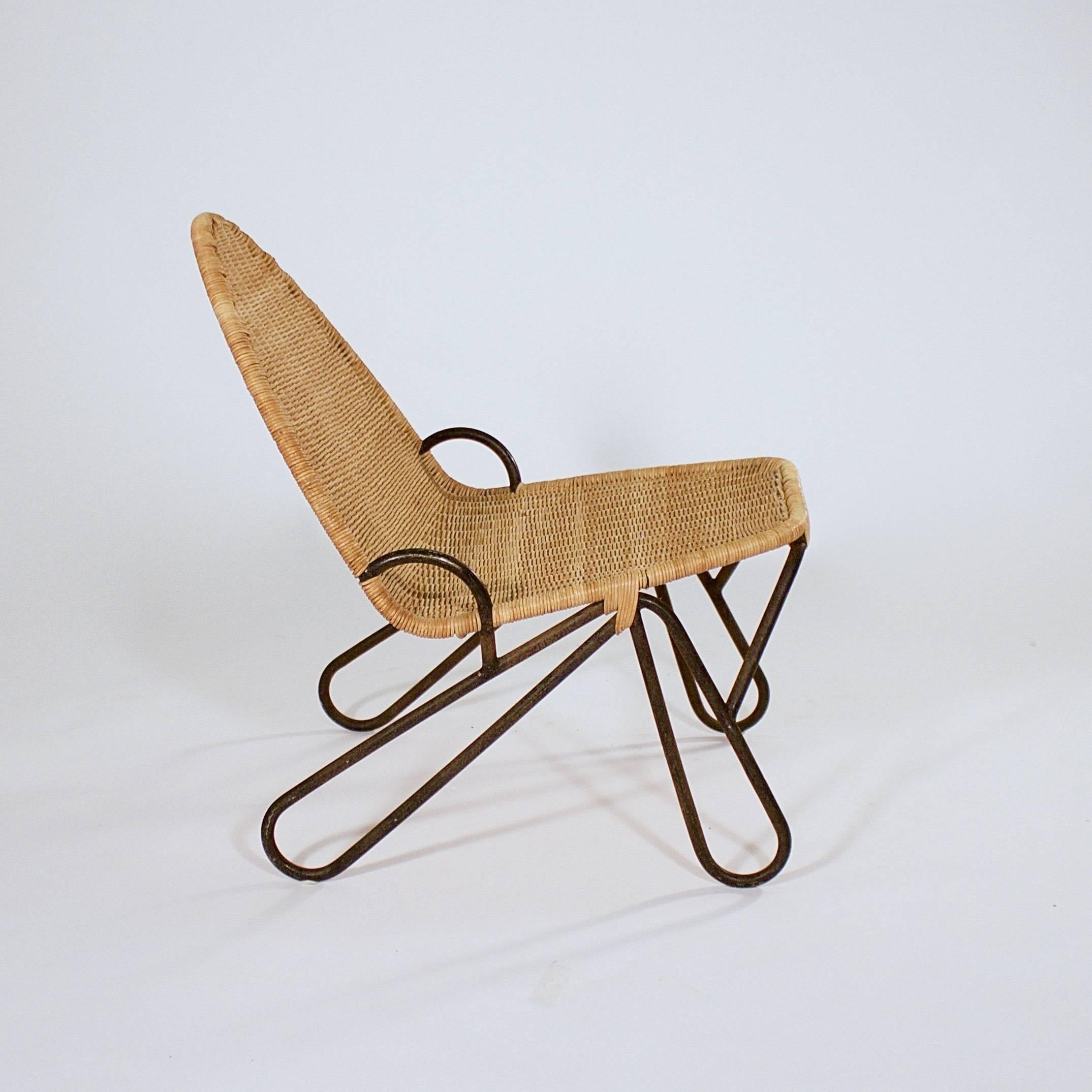Scandinavian Modern Iron and Wicker Low Occasional Chair