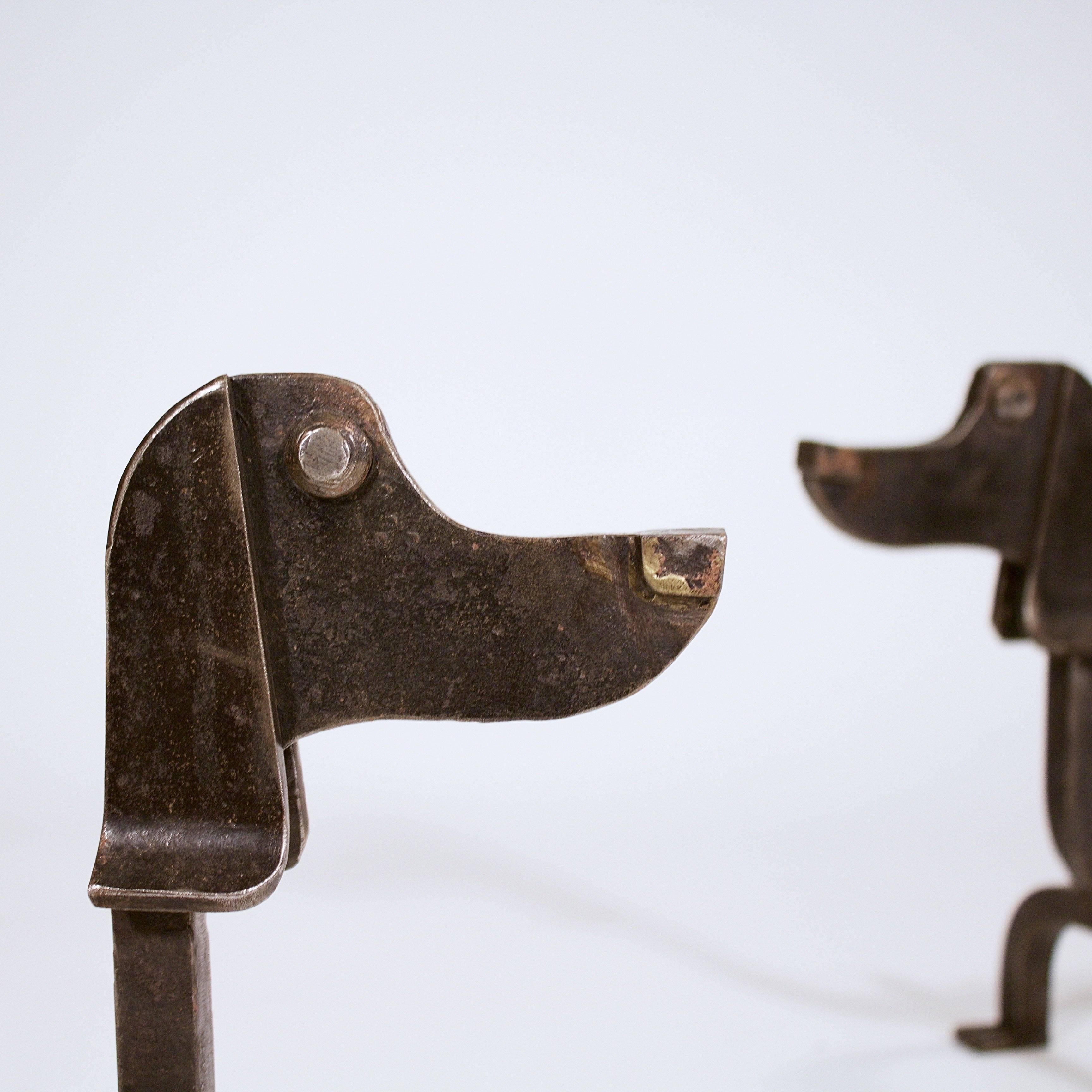 French Pair of Large Iron and Copper Fire Dogs by Edouard Schenck