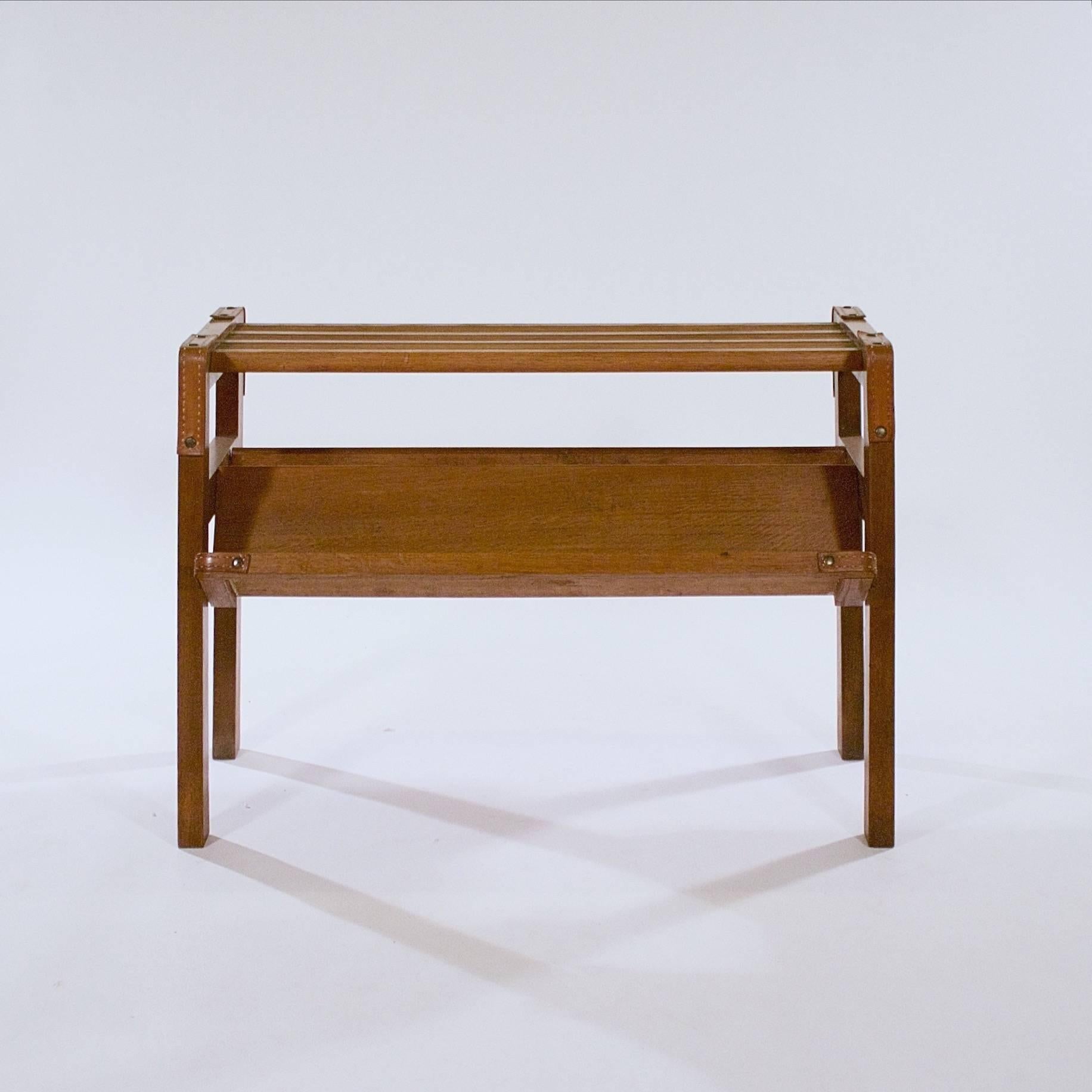 Modern Oak and Stitched Leather Side Table by Jacques Adnet