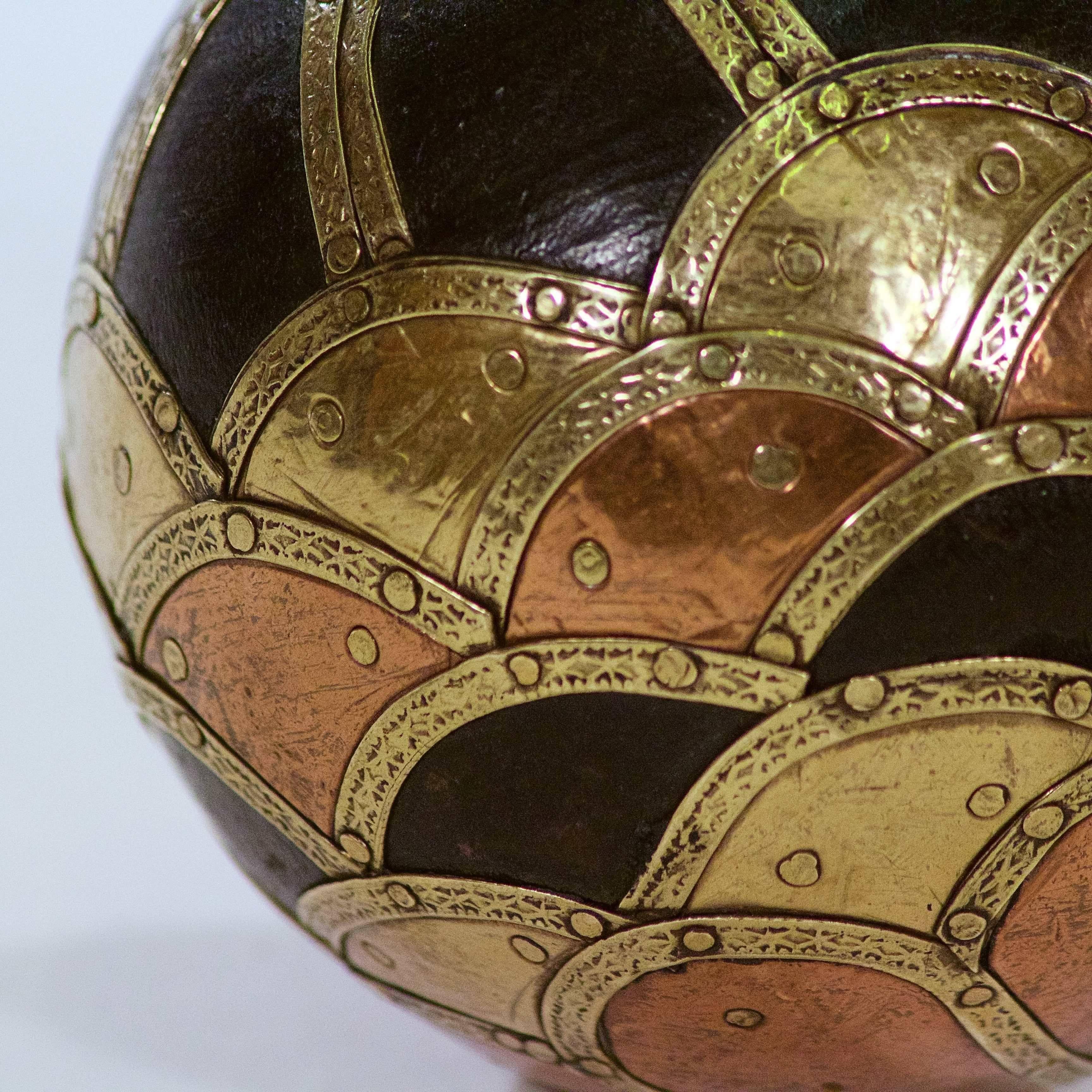 Indian Stained Hardwood Orb Clad in Rivetted Brass and Copper