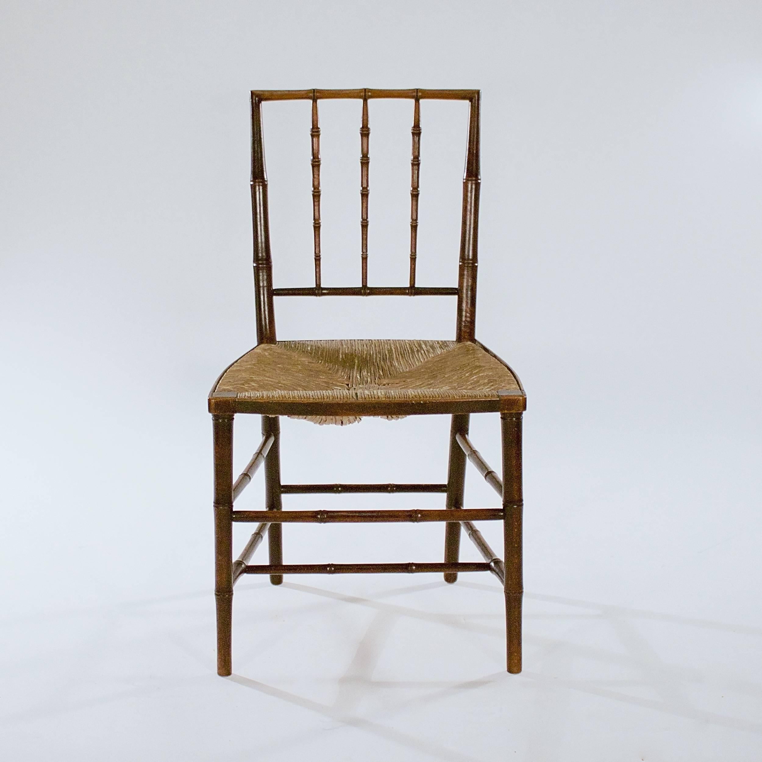 English Pair of George III Stained Beech Faux Bamboo Side Chairs