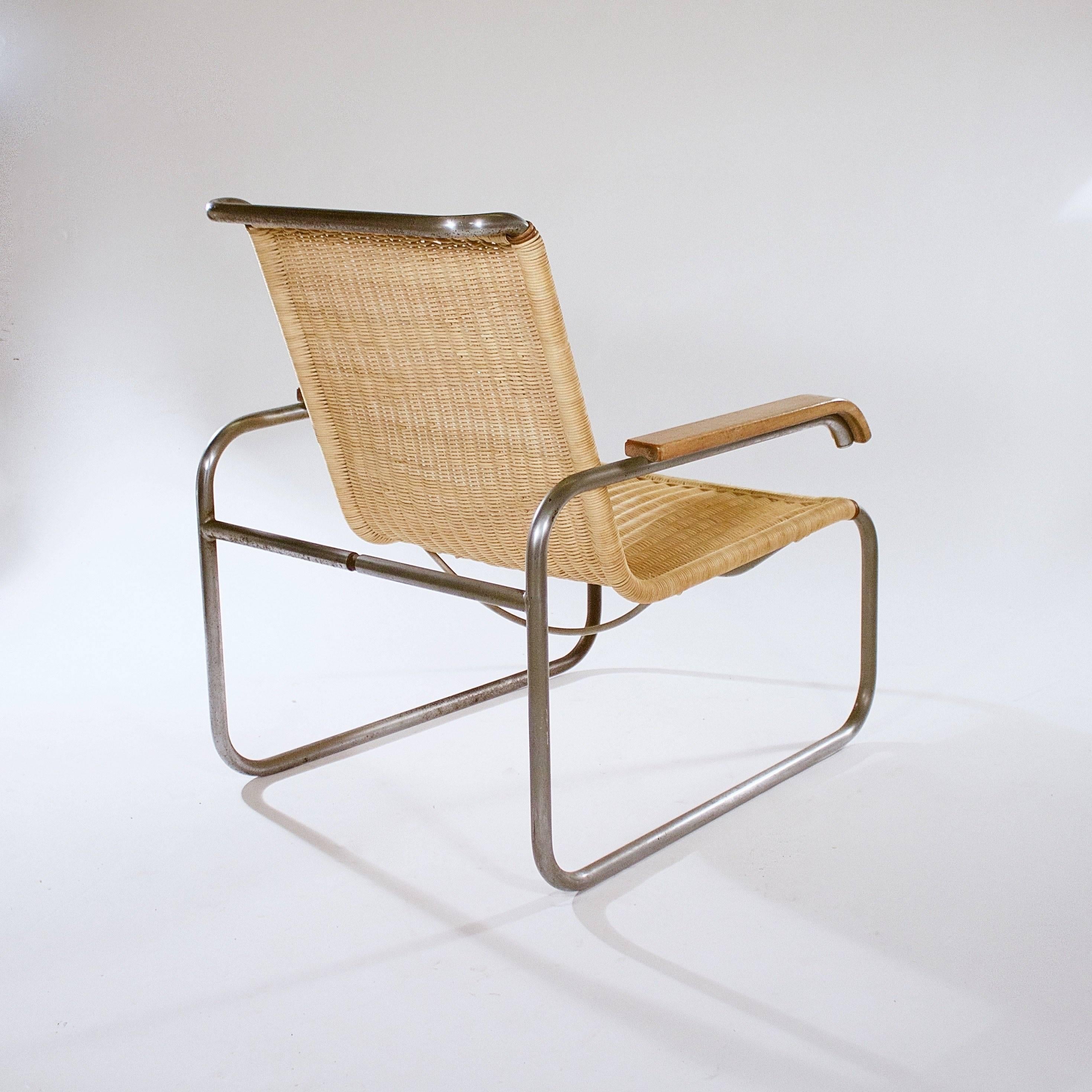 Patinated 'B35' Tubular Metal and Wicker Armchair by Marcel Breuer
