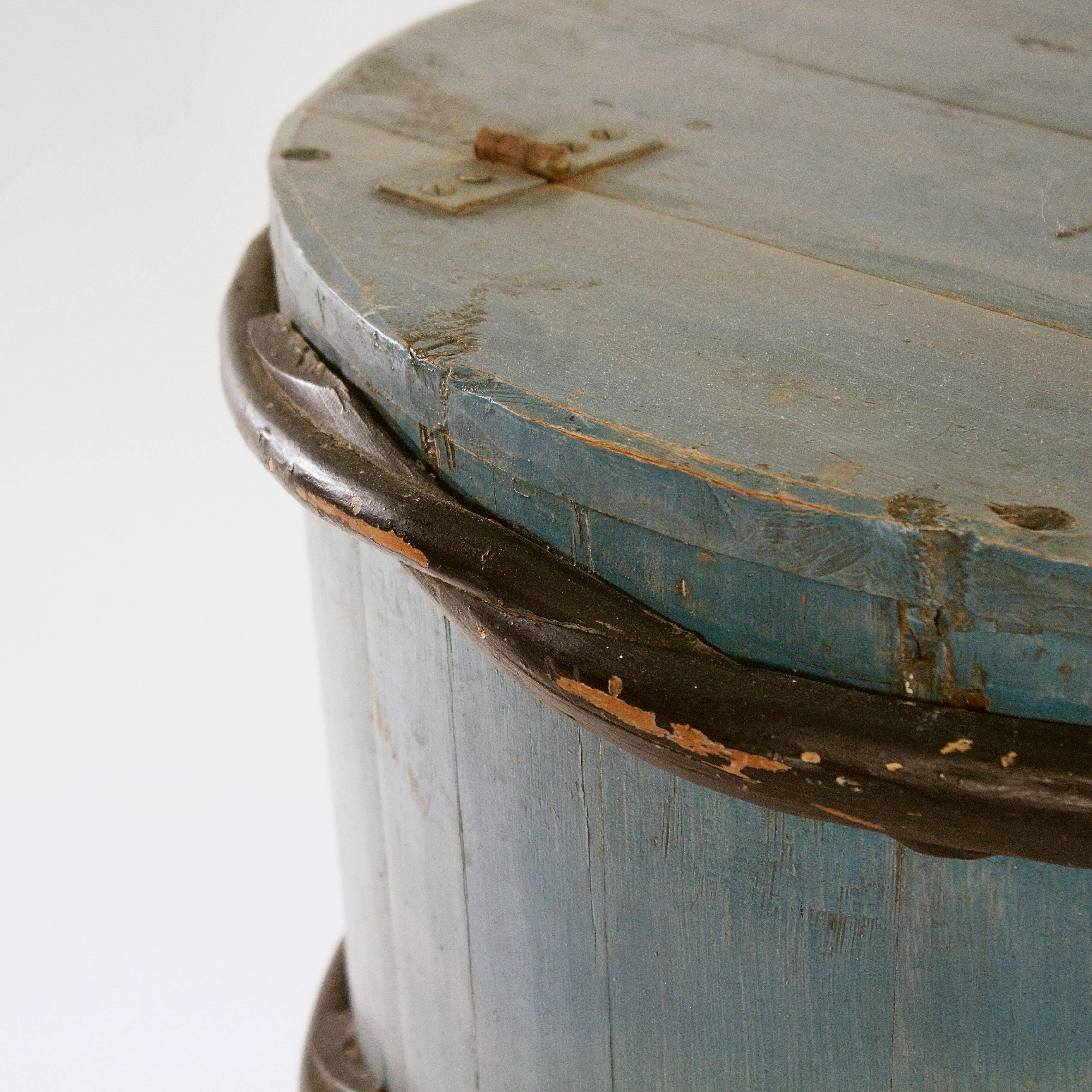 Painted Cylindrical Pine Folk Art Barrel with Original Blue Paint