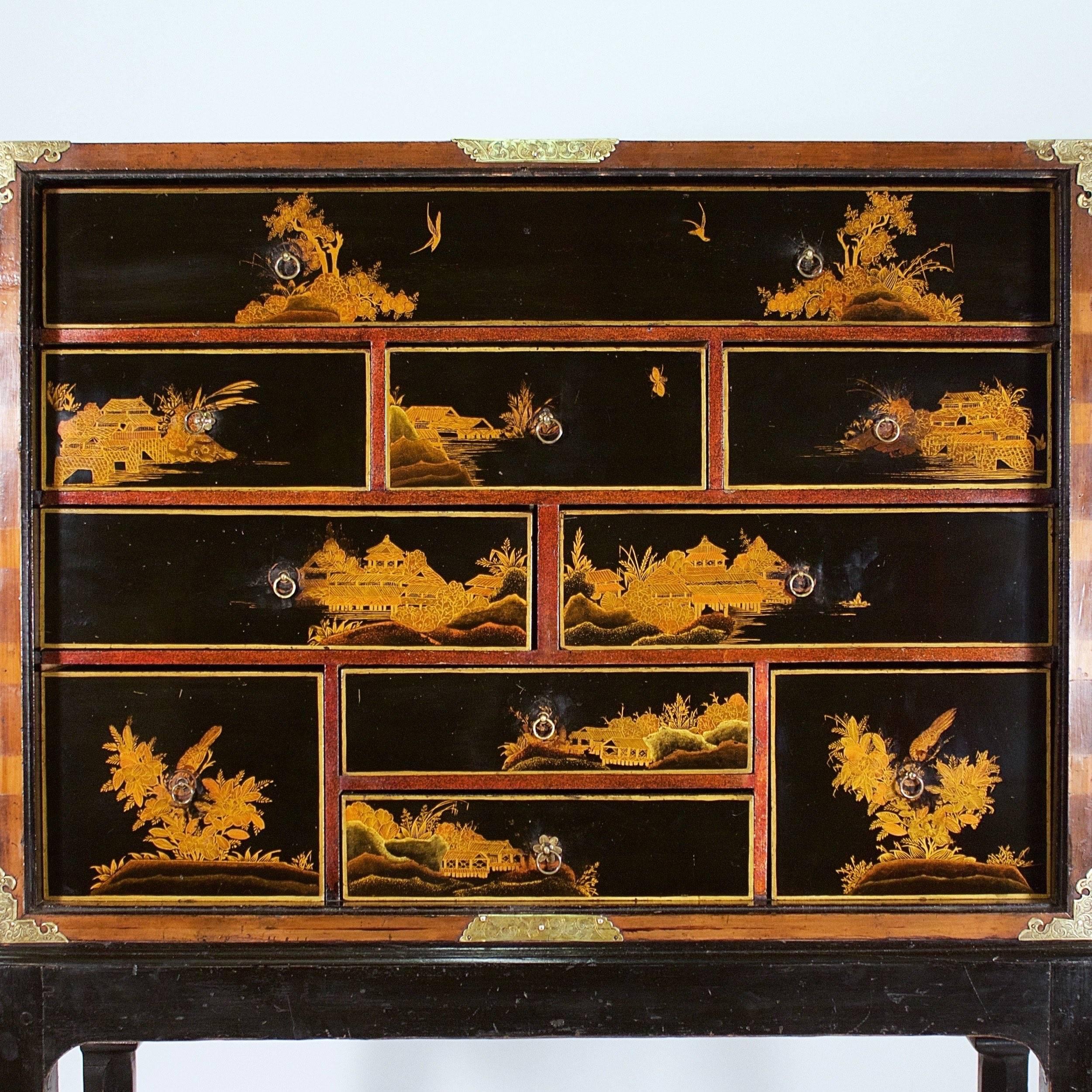 Gilt Late 17th Century Japanese Export Brass-Mounted Black Lacquer Cabinet on Stand