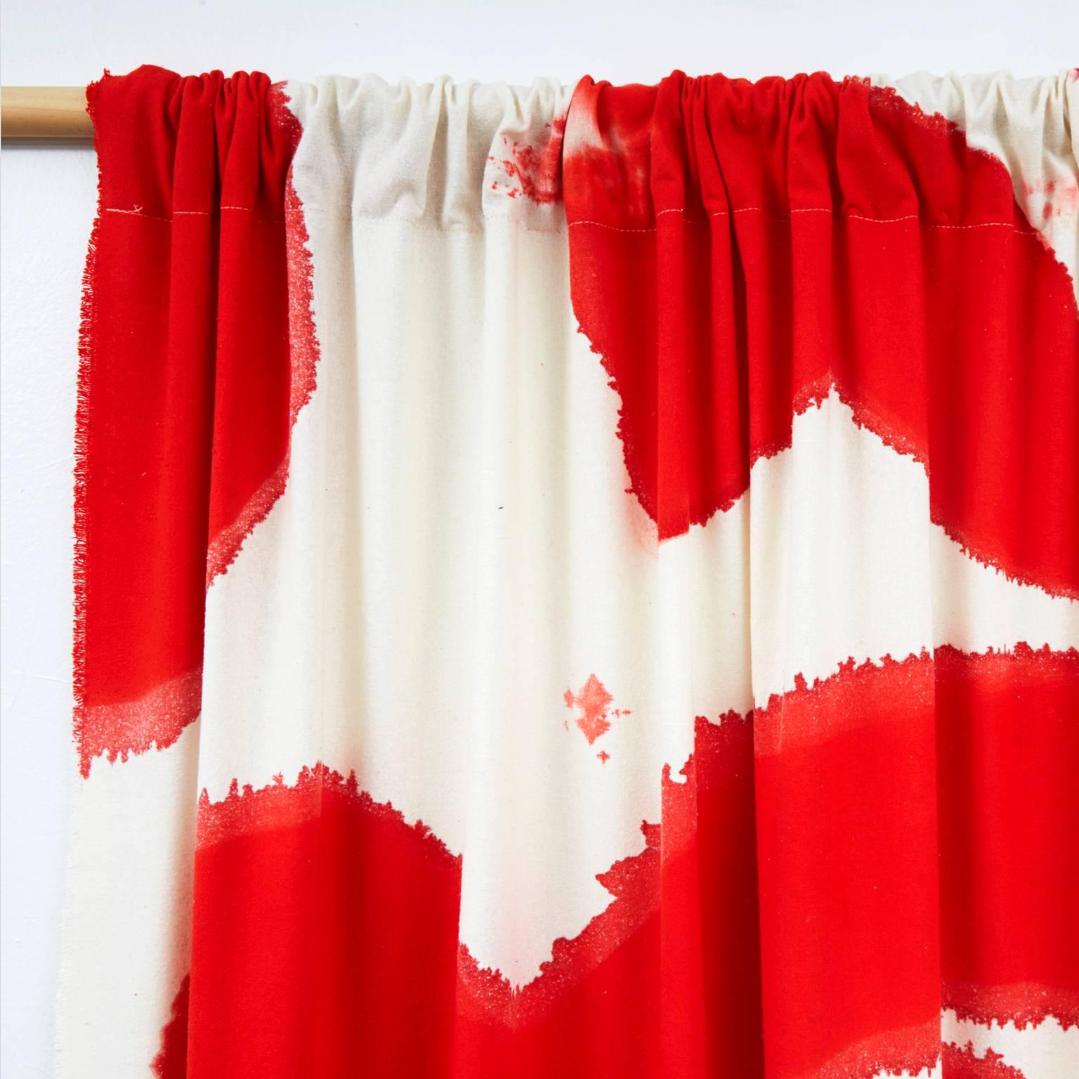 Other Amoeba Hand Painted Silk Noil Red Curtain For Sale