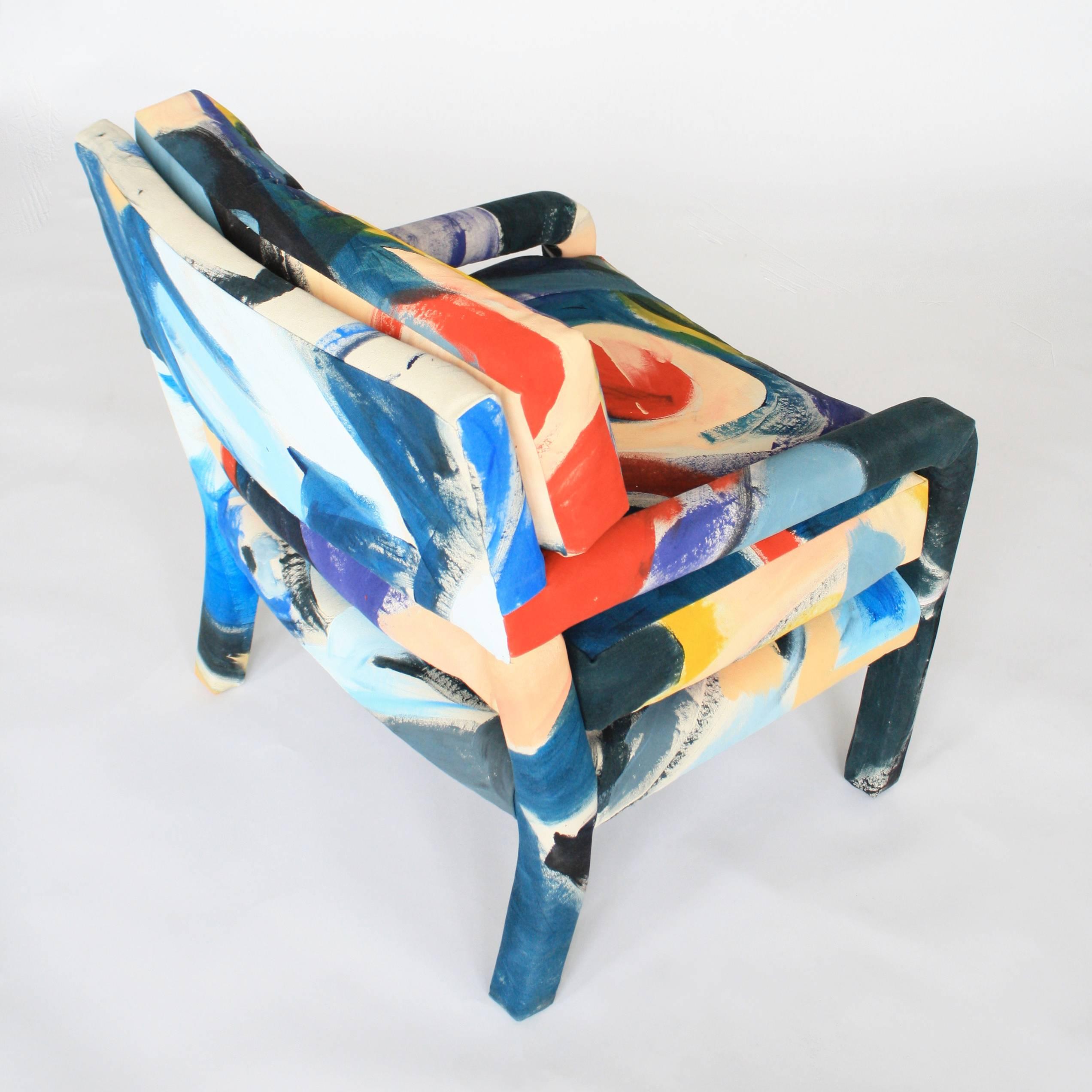 For Fort Makers, Naomi Clark paints vibrant abstract compositions on fabrics that are then made into useable objects. This 1970s vintage chair in the style of Milo Baughman was reupholstered in Clark's colorful canvas composition. It functions as a
